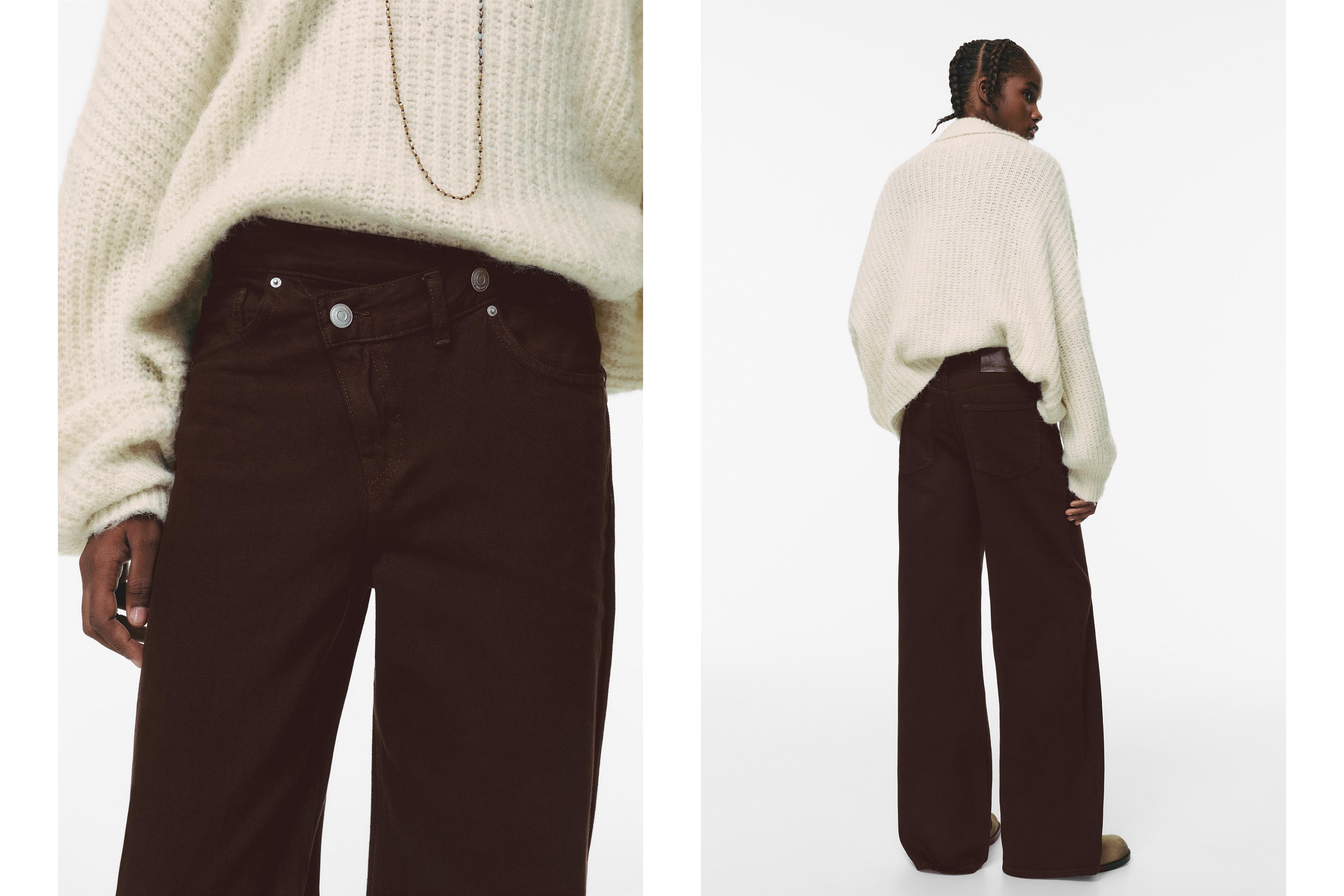 Wide leg jeans with crossover waistband — Brown