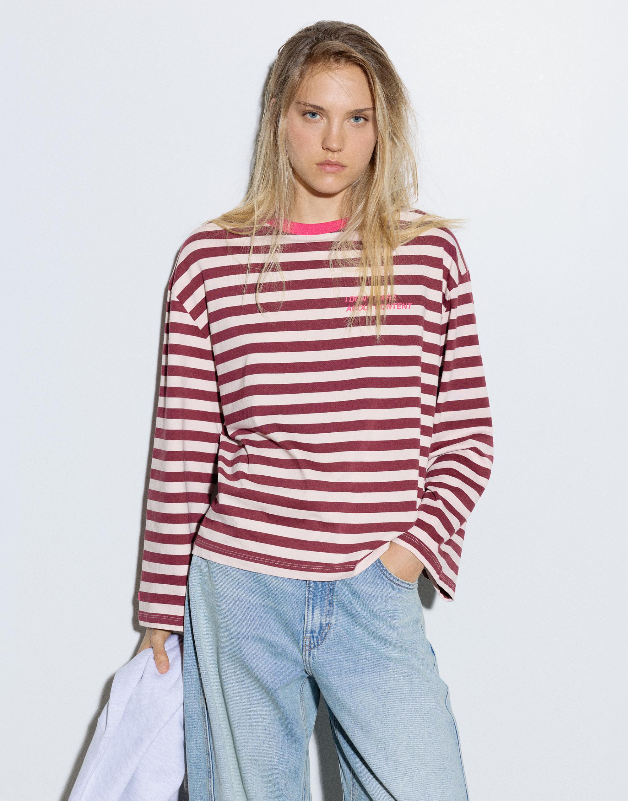 Oversize striped slogan T-shirt — Pale pink