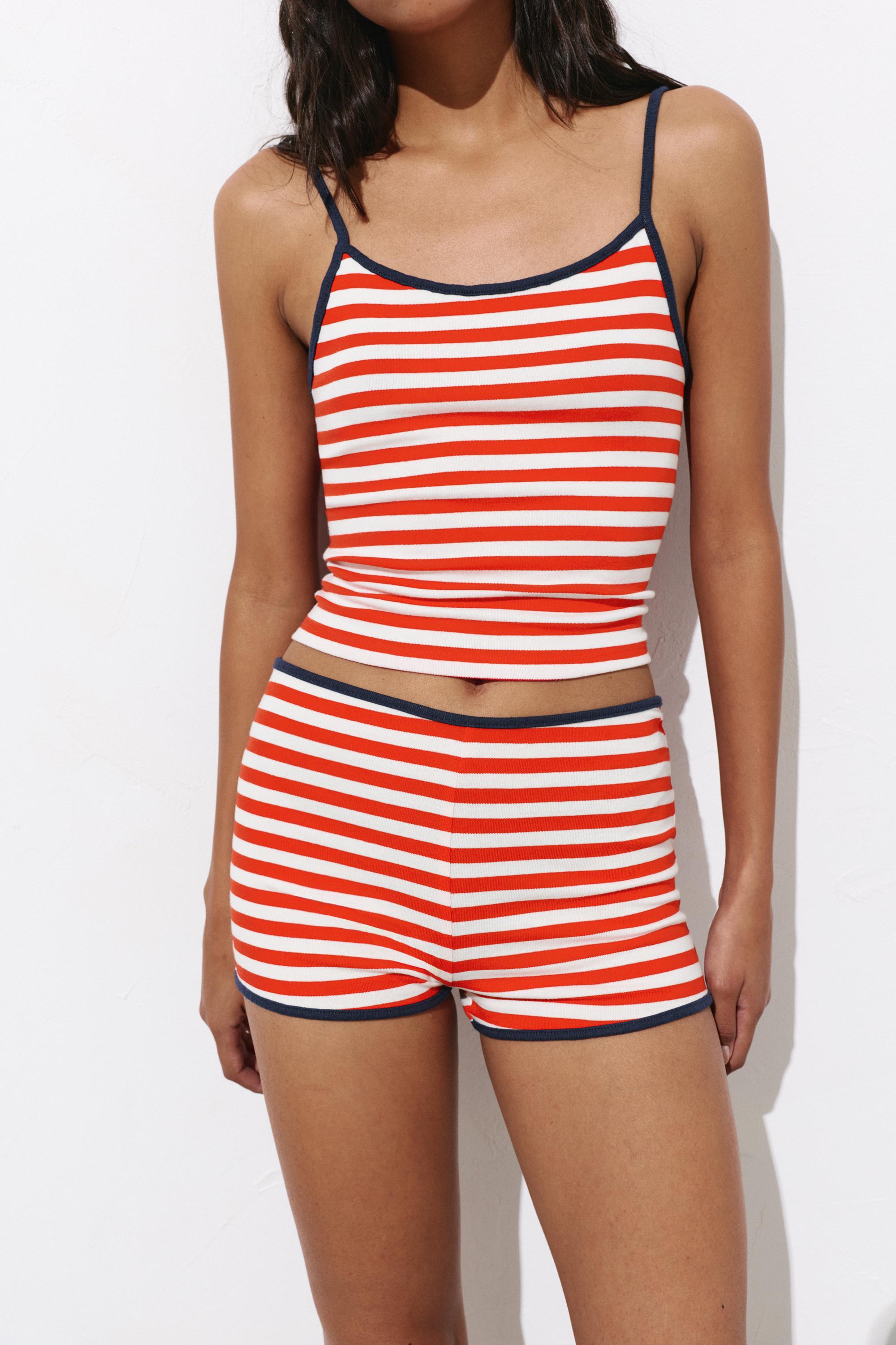 Striped ribbed mini shorts — White/Red
