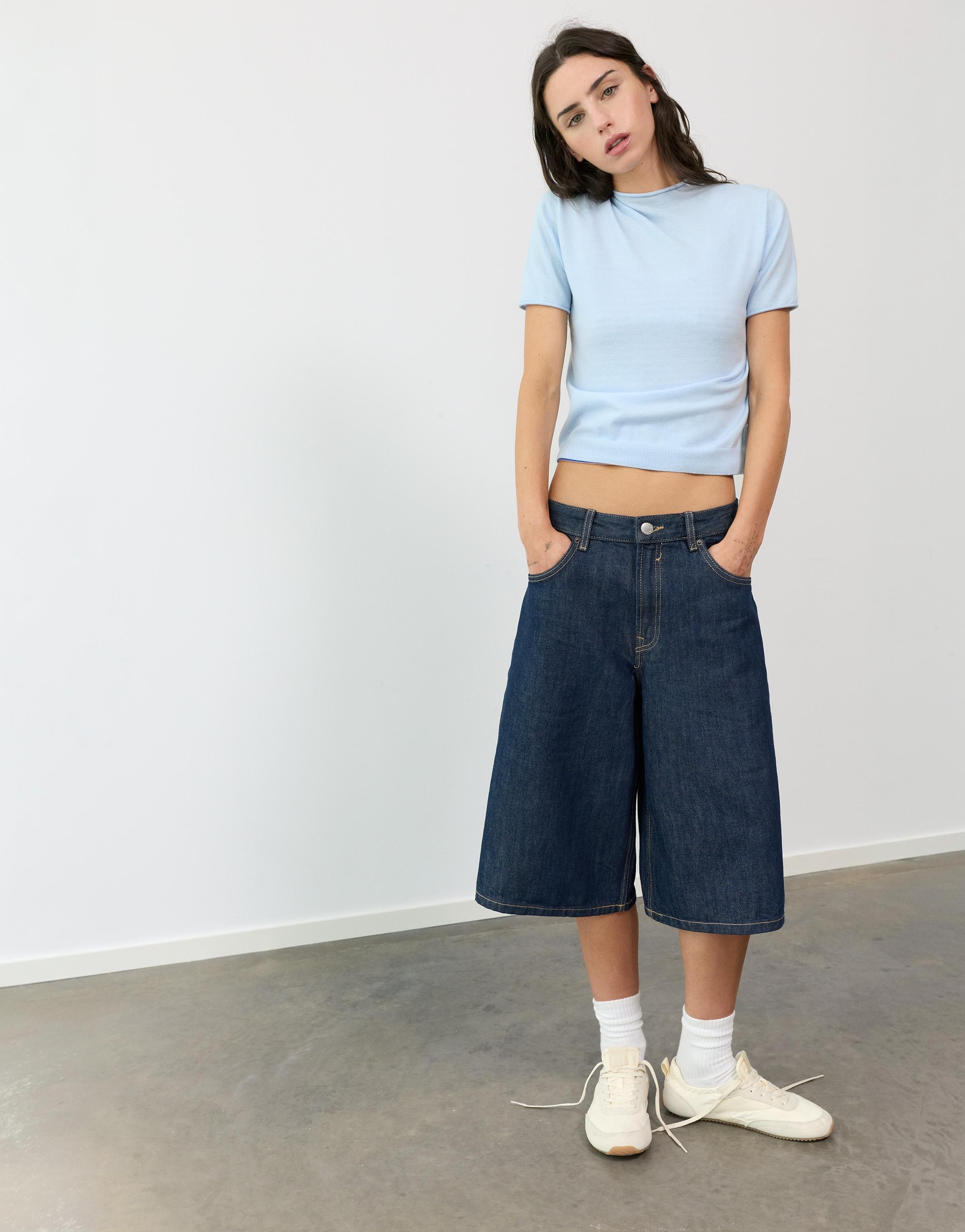 Fine knit short sleeve T-shirt — Pastel blue