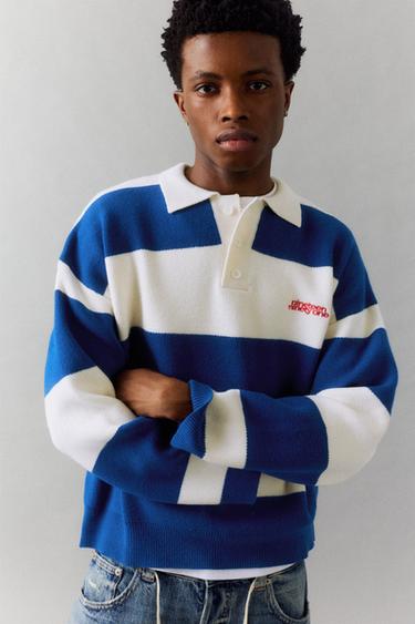 Striped long sleeve knit polo — Blue/White 5