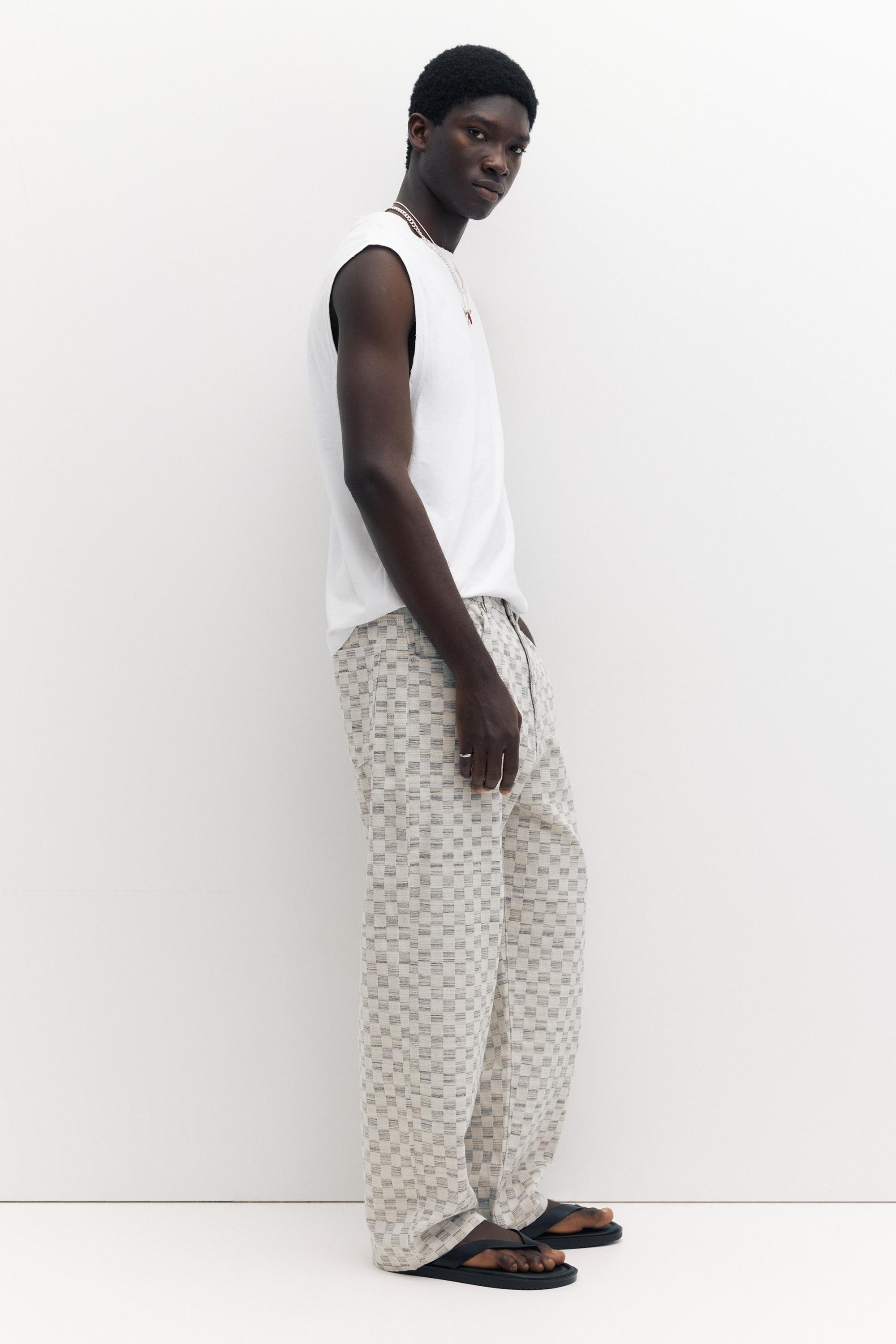 Checked baggy relaxed fit trousers — Ecru