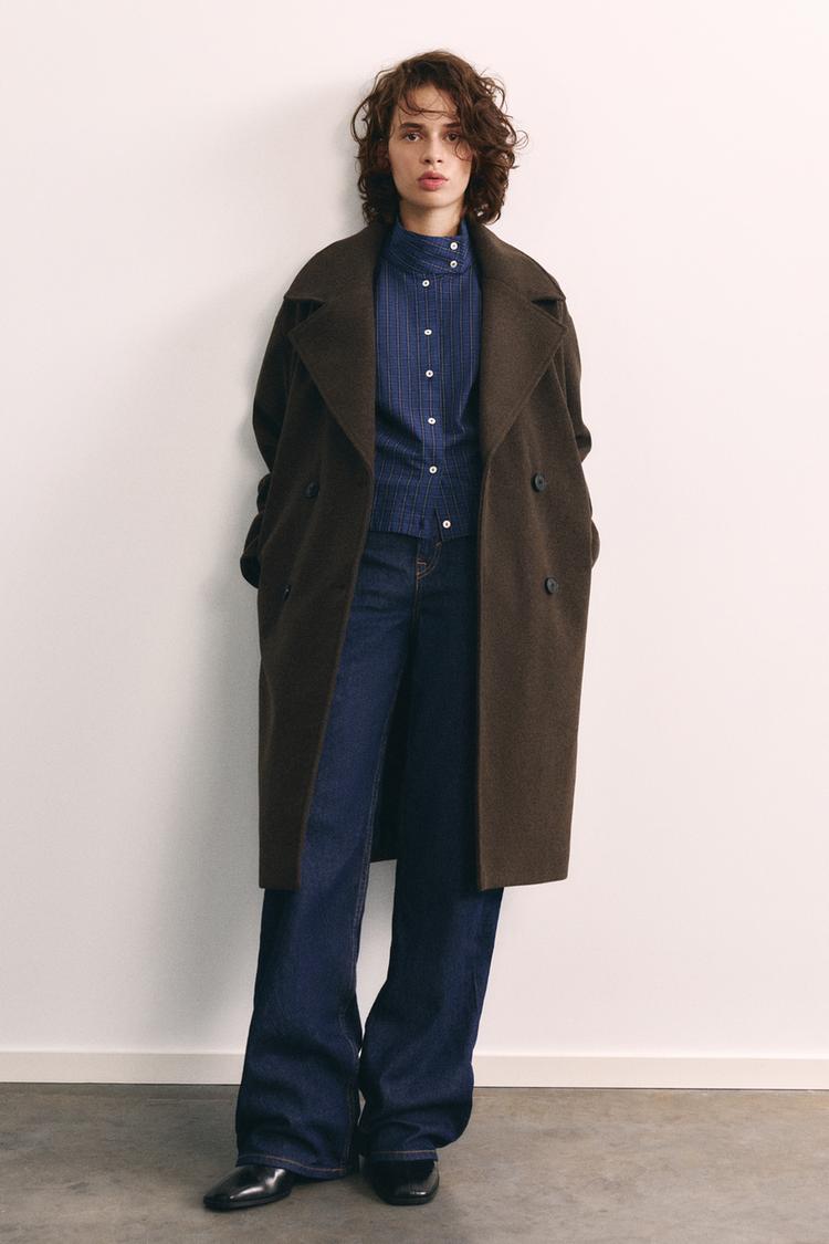 Double-breasted felt texture coat — Brown marl