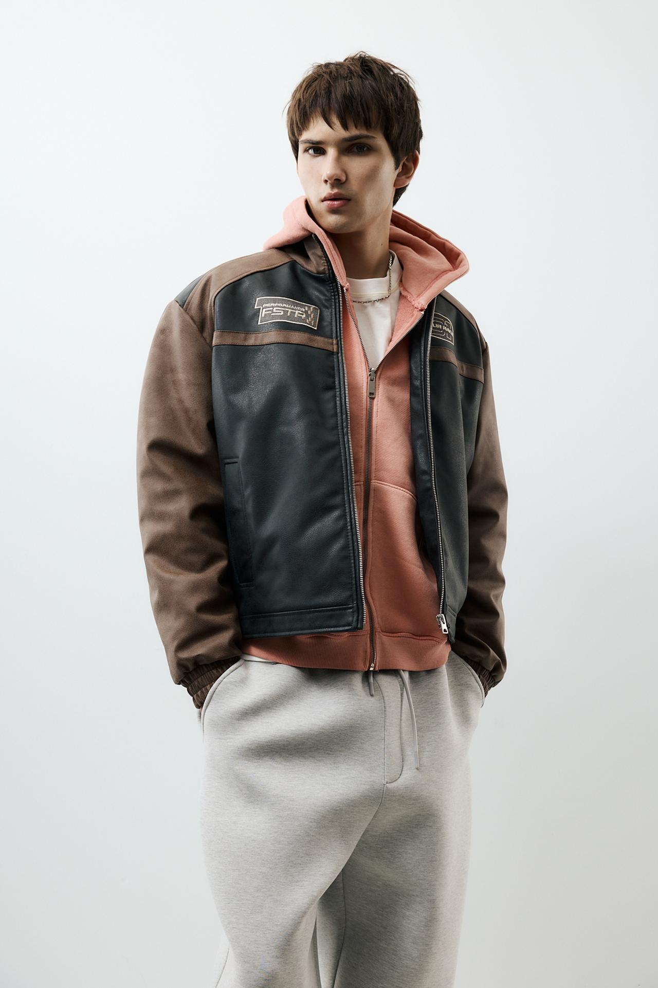 Leather-effect panel jacket — Brown