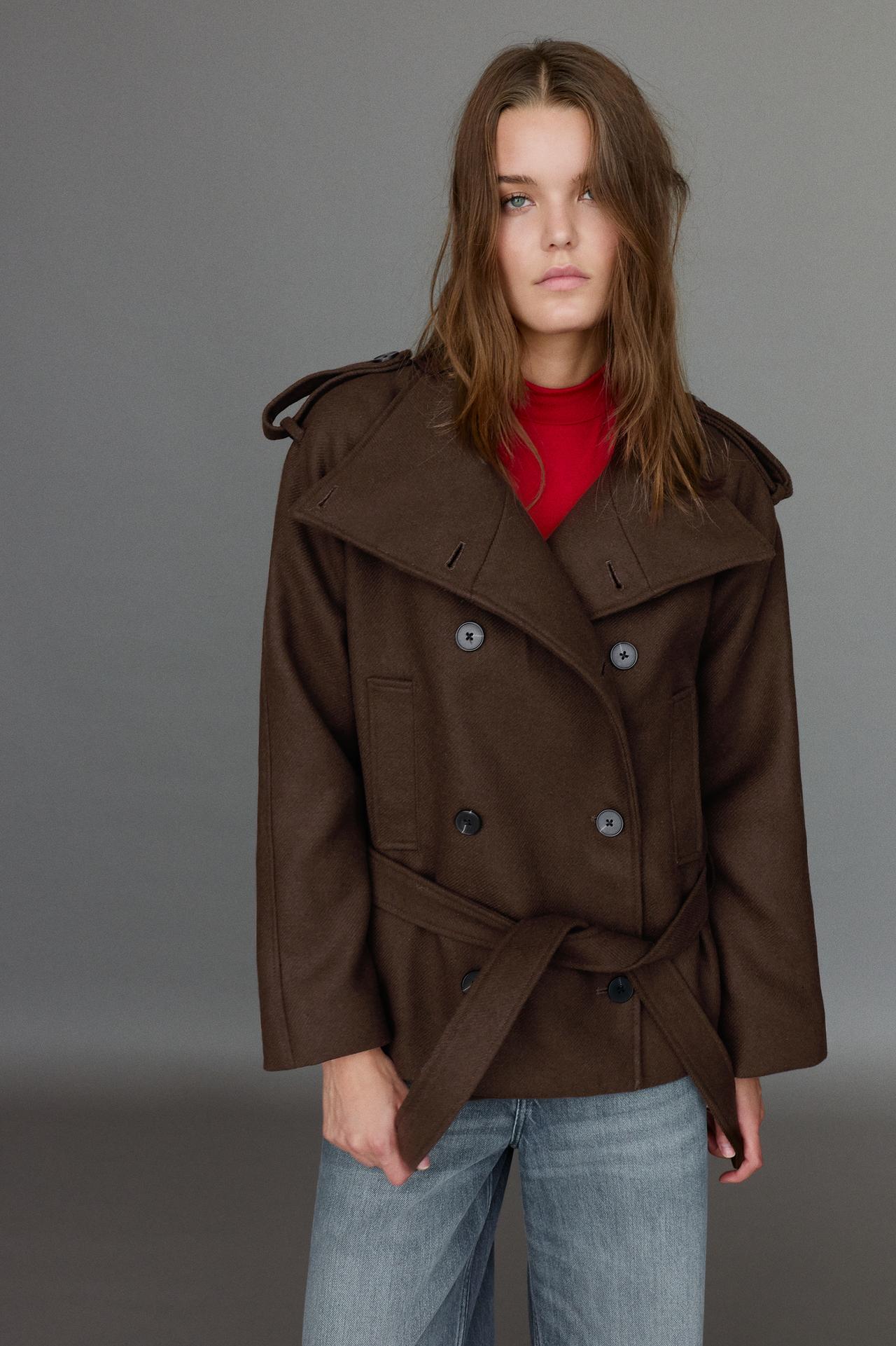 Short felt belted trench coat — Chocolate