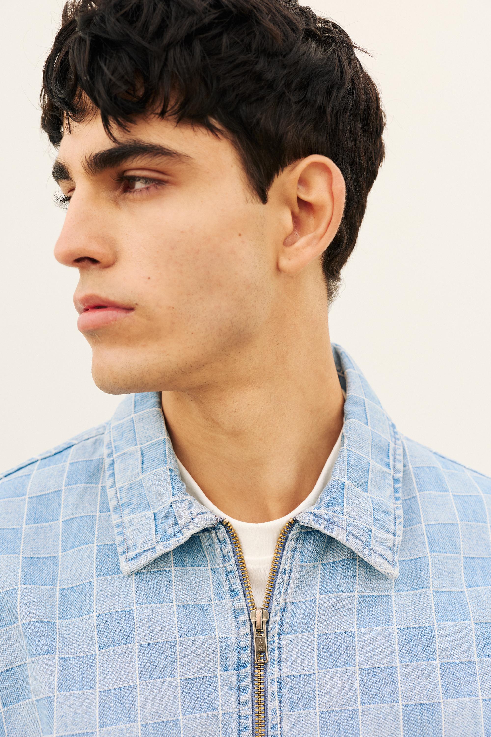 Check zip-up denim shirt — Medium blue