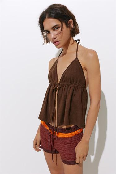 Linen blend halter top — Chocolate 1