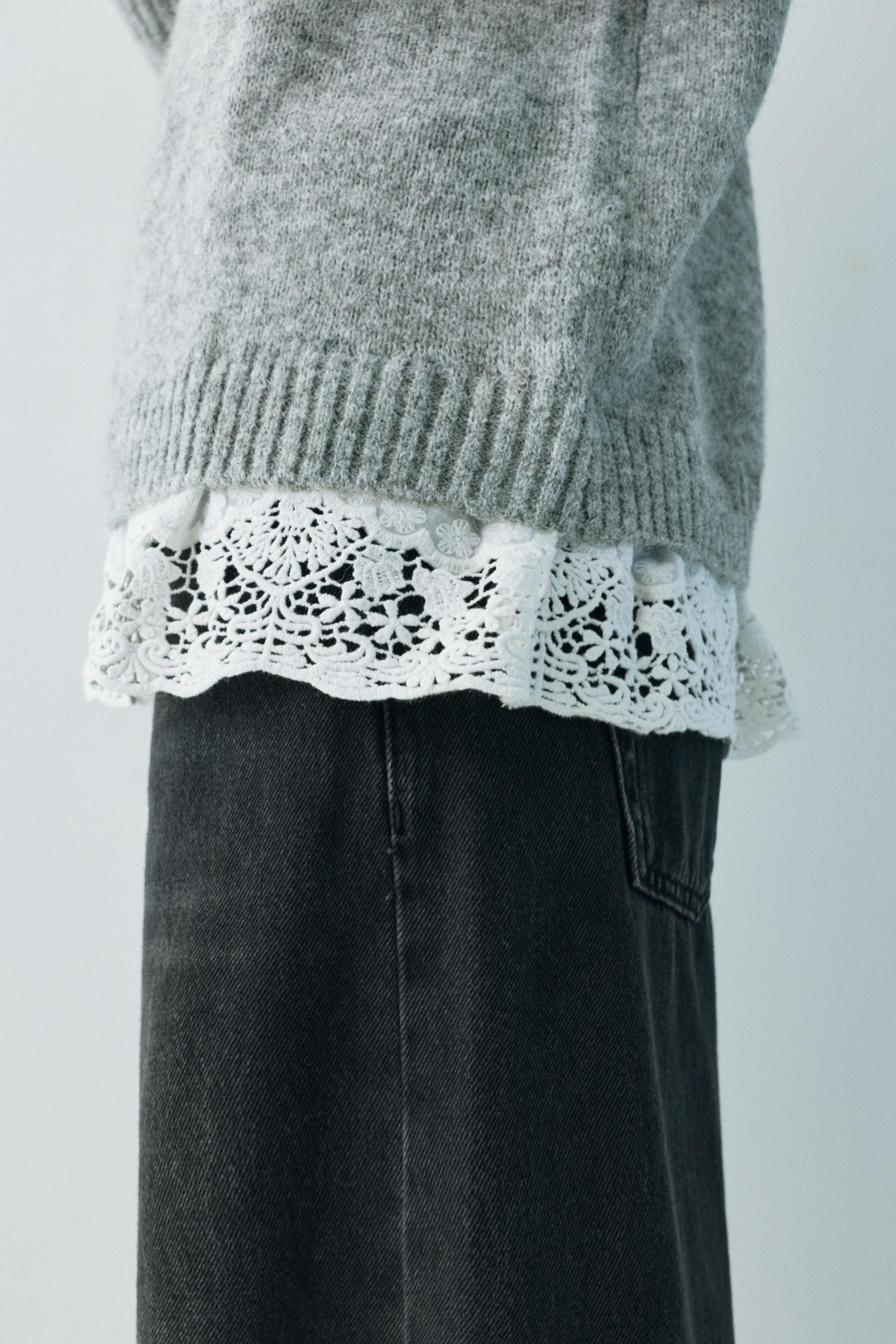 Bardot jumper with combined lace — Grey marl