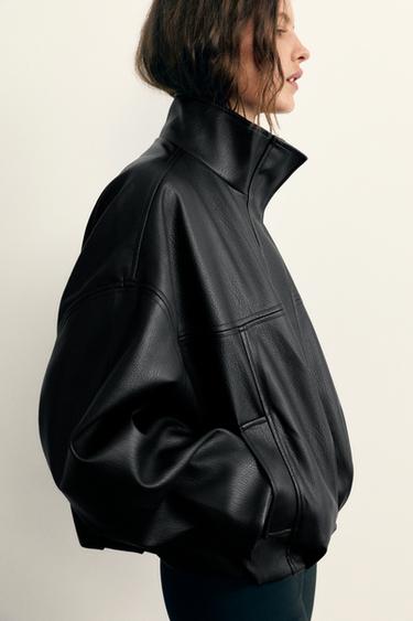 Leather-effect balloon bomber jacket — Black 3