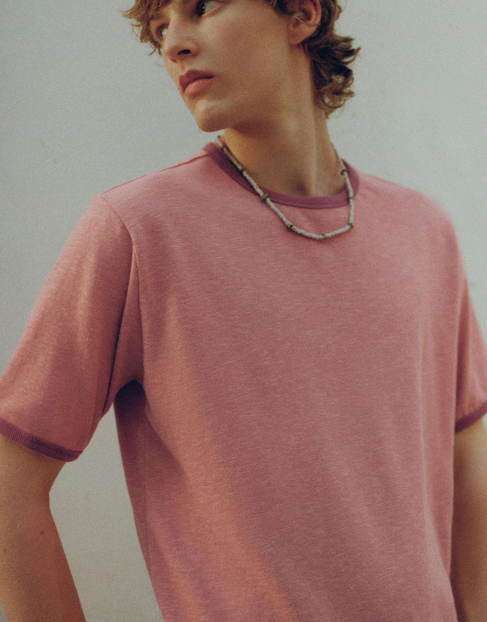 Contrast ribbed T-shirt — Pink