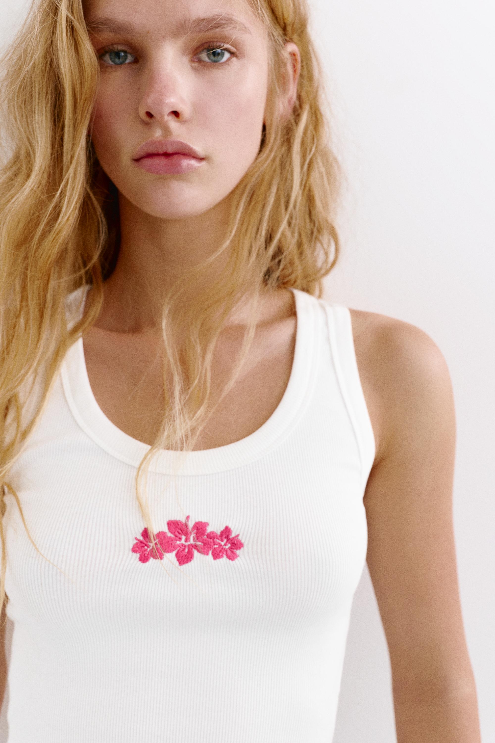 Floral embroidered tank top — Ice