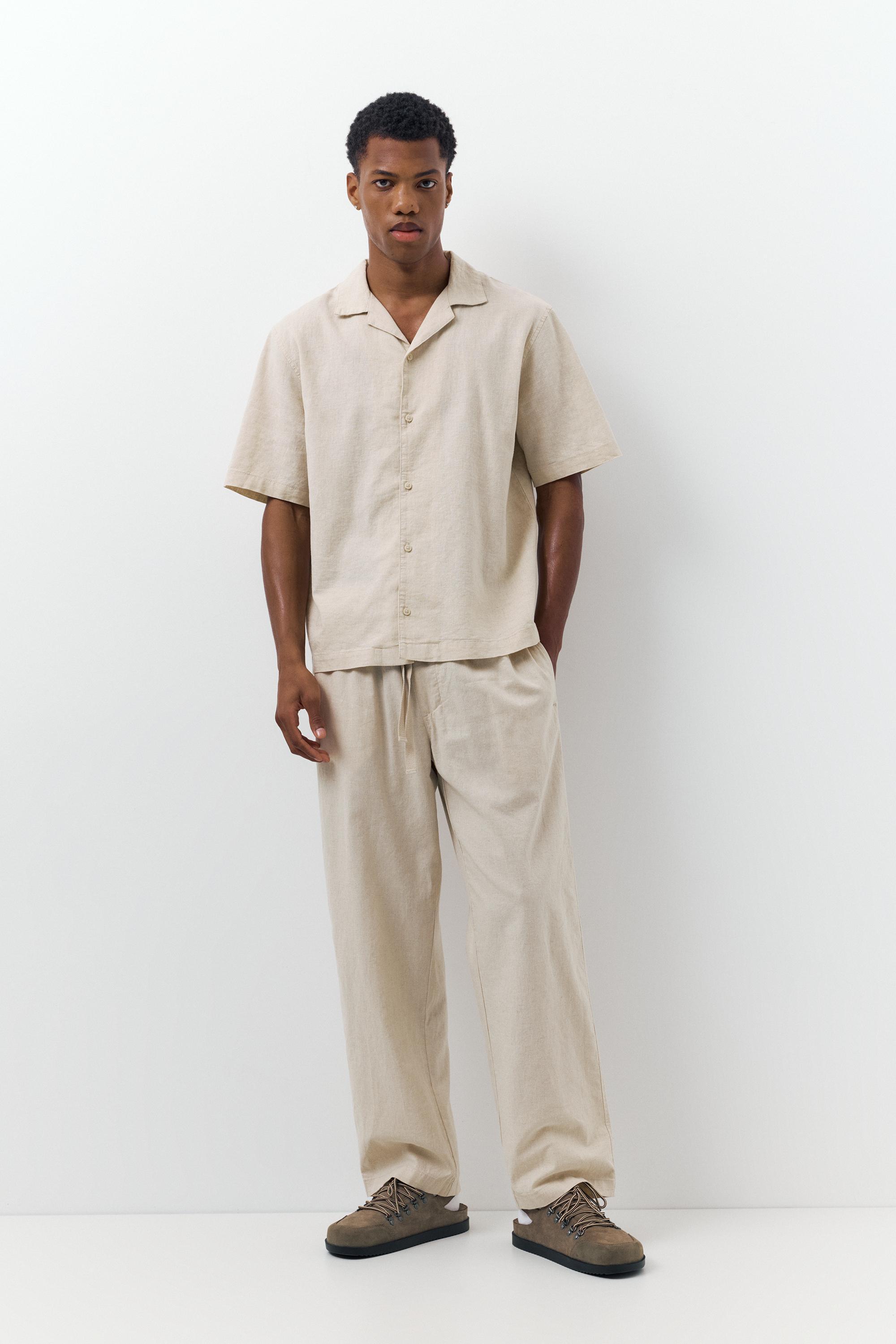 Short sleeve linen blend shirt — Beige