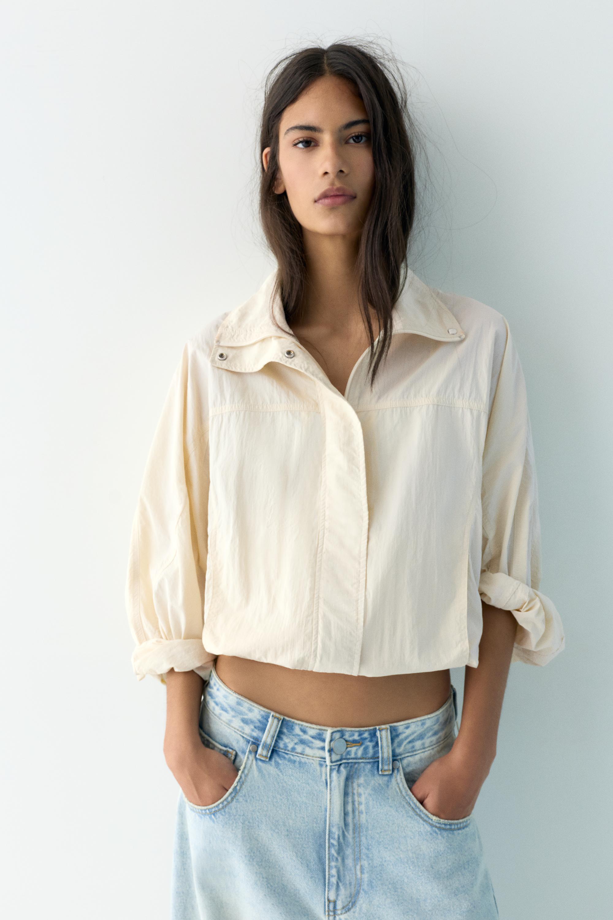 Short nylon-effect jacket — Ecru