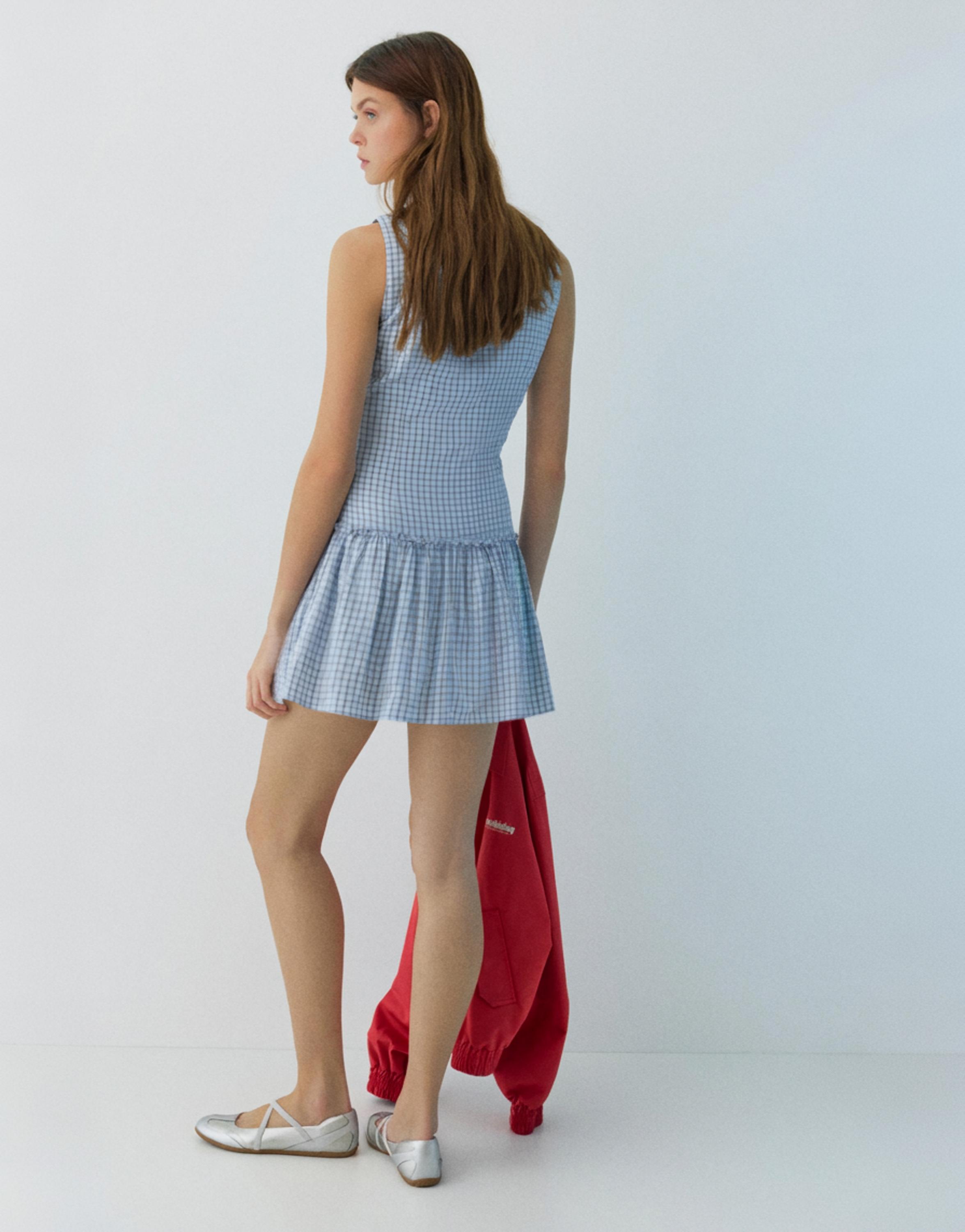 Kareli, hacimli etekli kısa elbise - Görsel 20