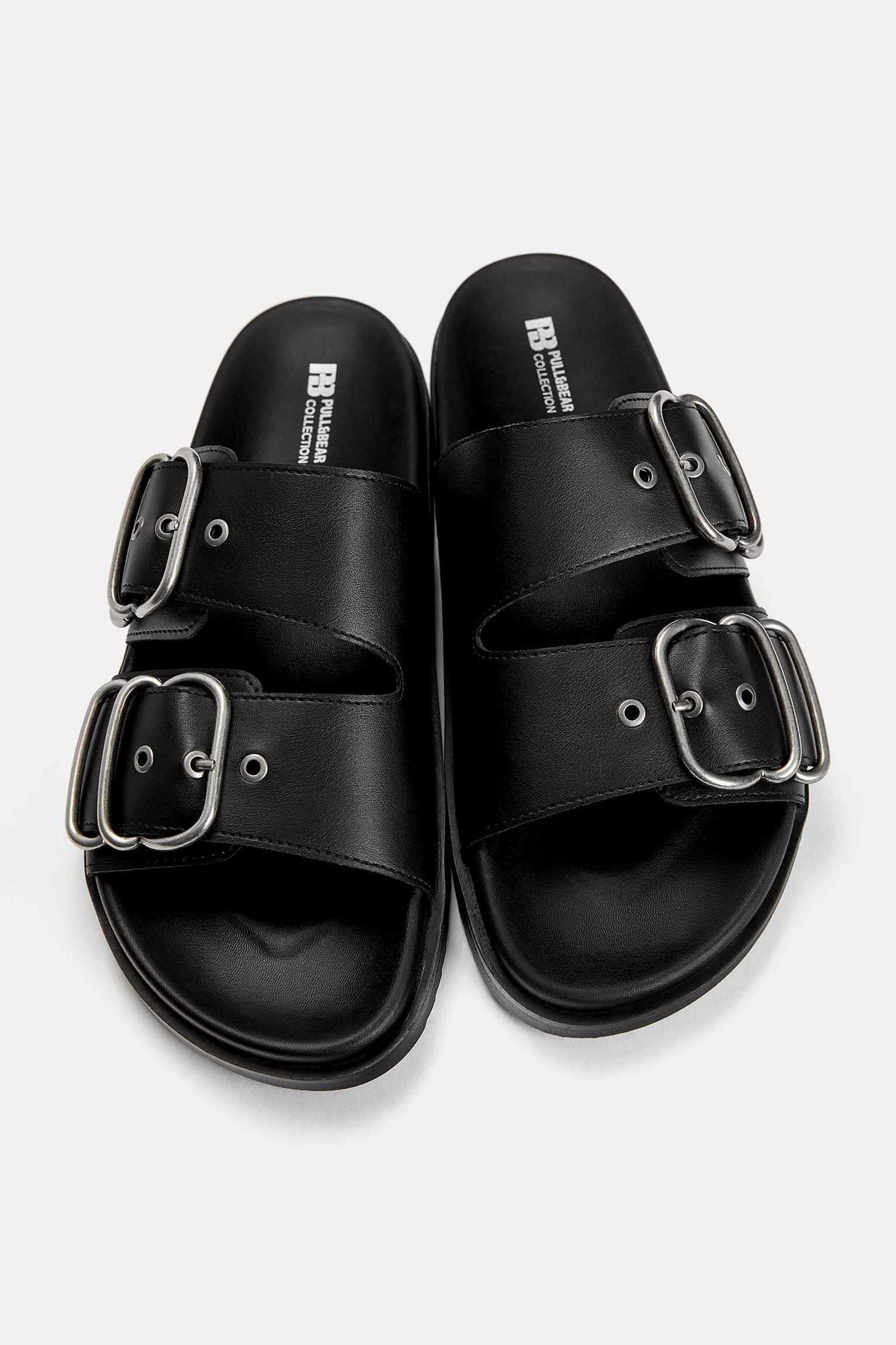 Flat slider sandals with buckles - pull\u0026bear