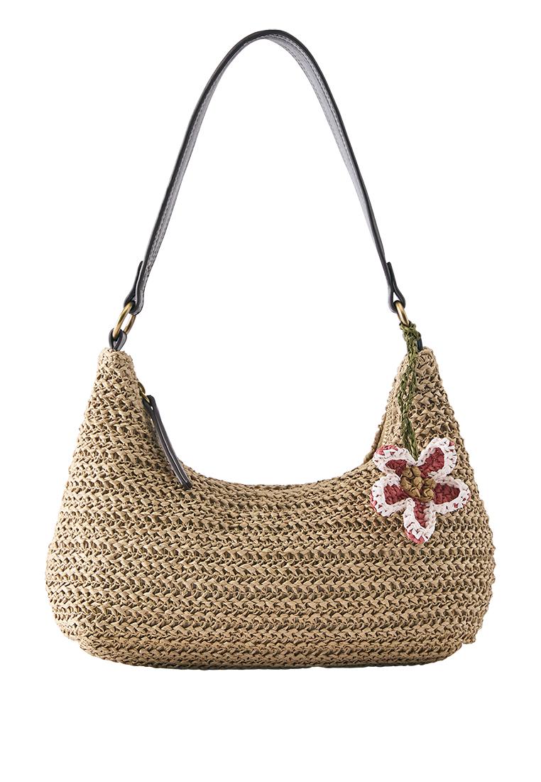 Woven embellished shoulder bag — Beige