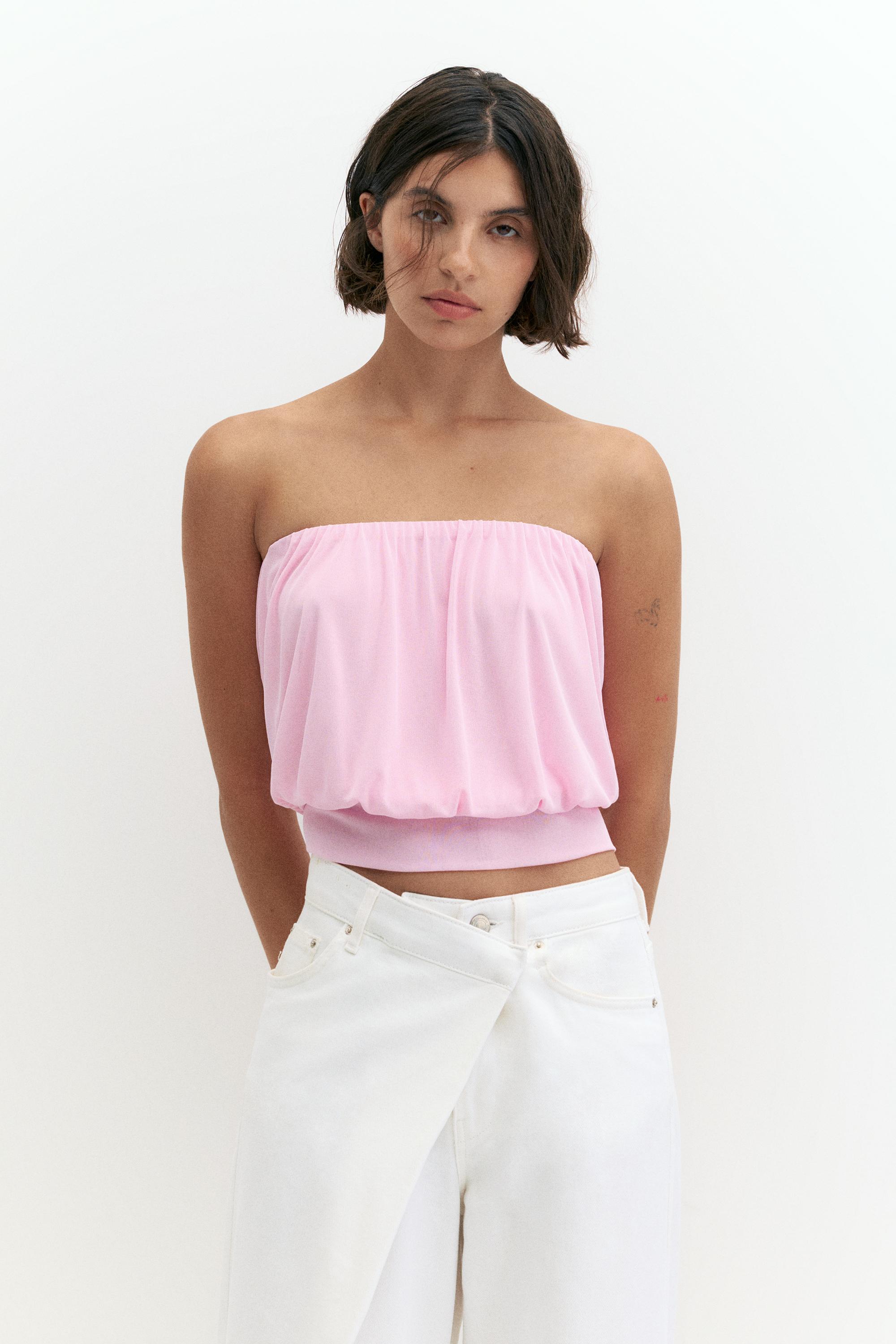 Strapless top with waistband — White/Pink