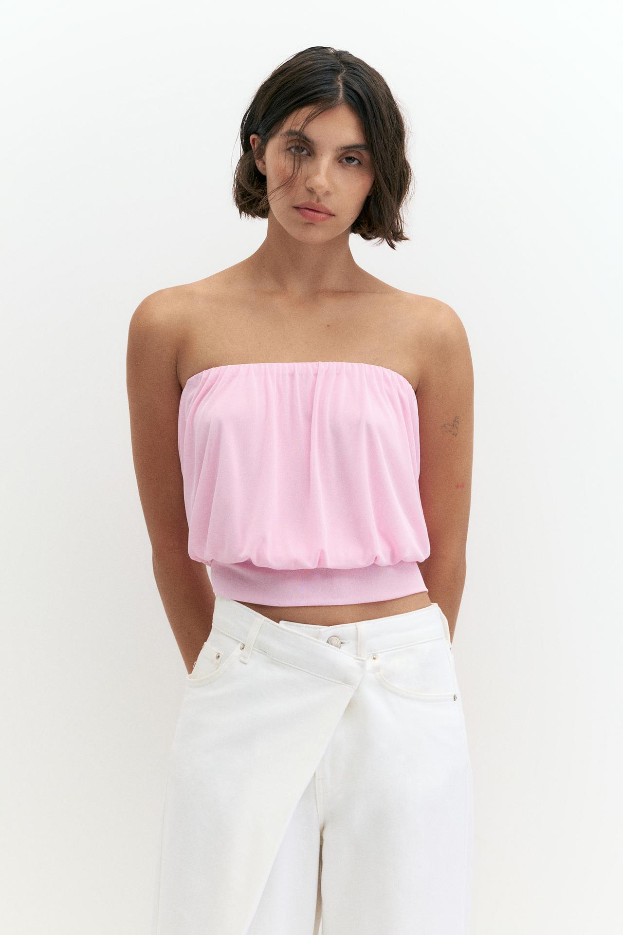 Strapless top with waistband — White/Pink
