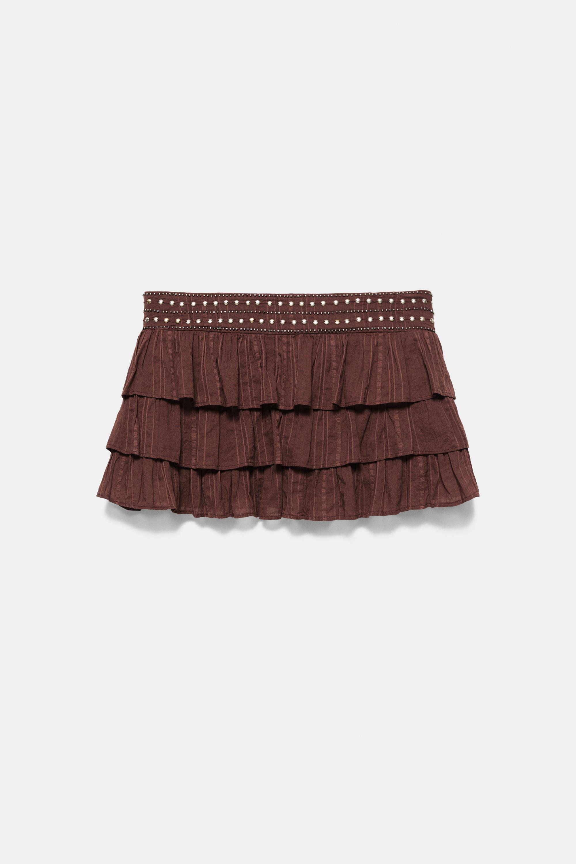 Ruffled mini skirt with studs — Brown