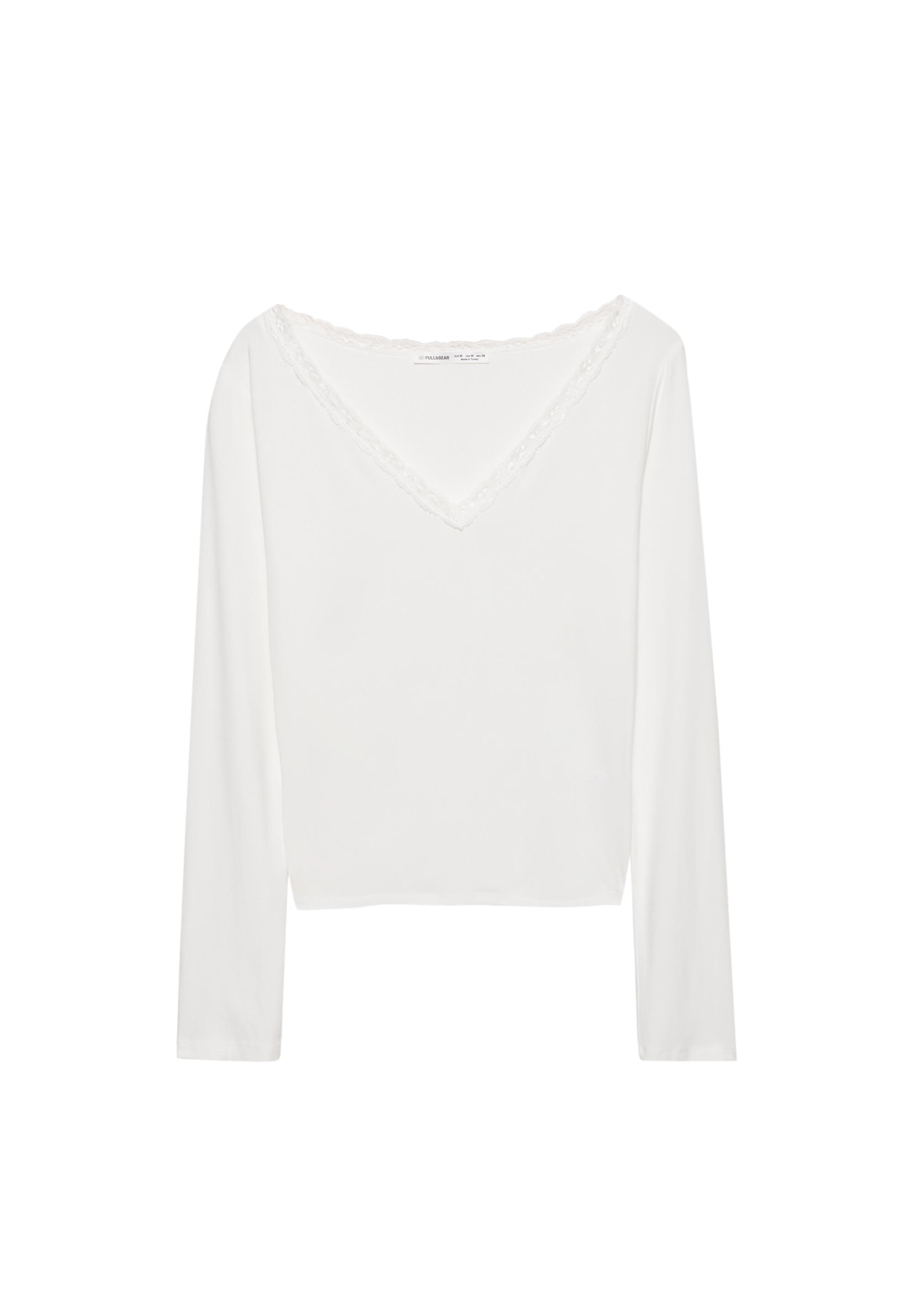 Lace trim neckline T-shirt — Off white