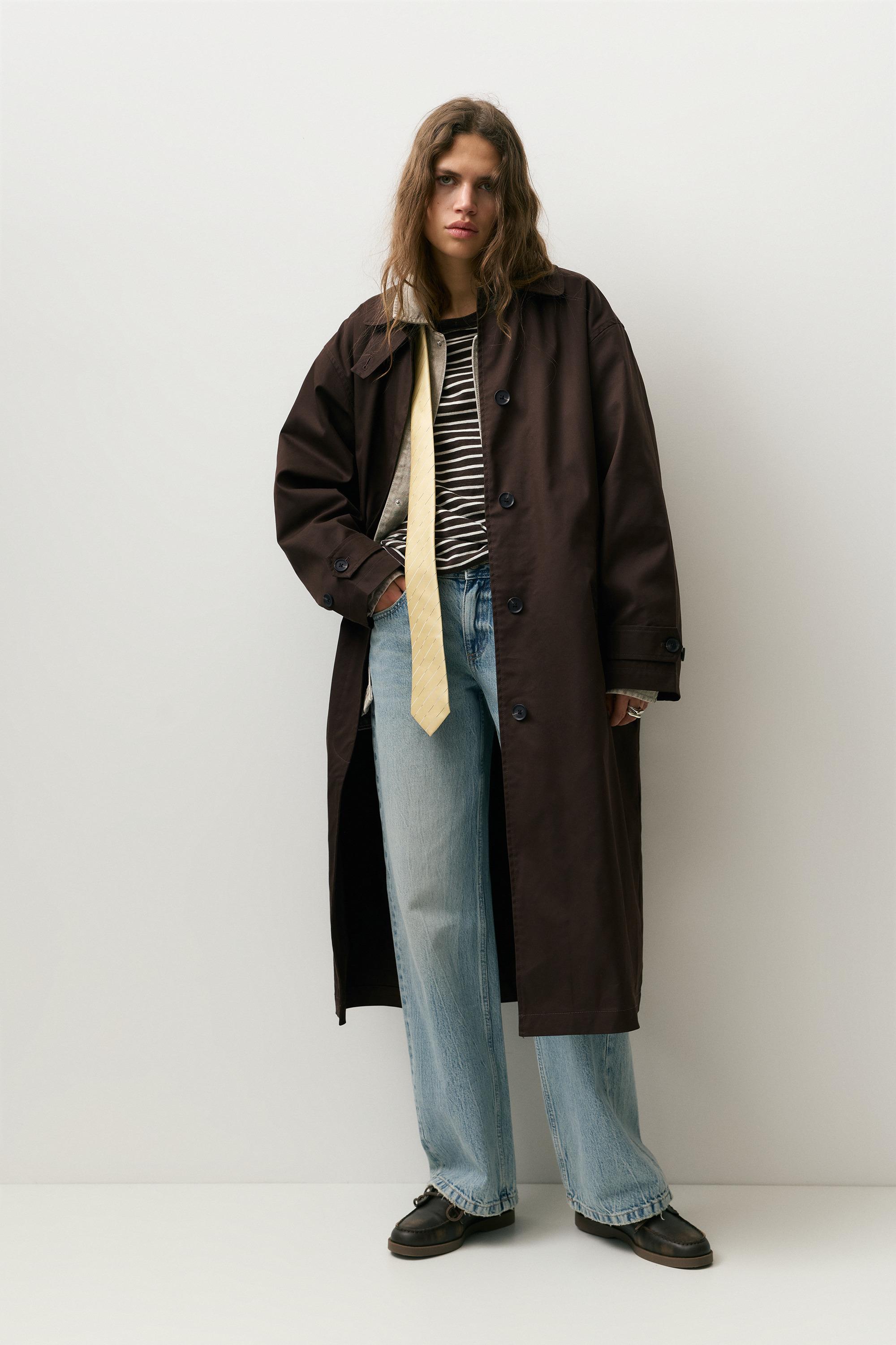 Kahverengi oversize trençkot - Görsel 12