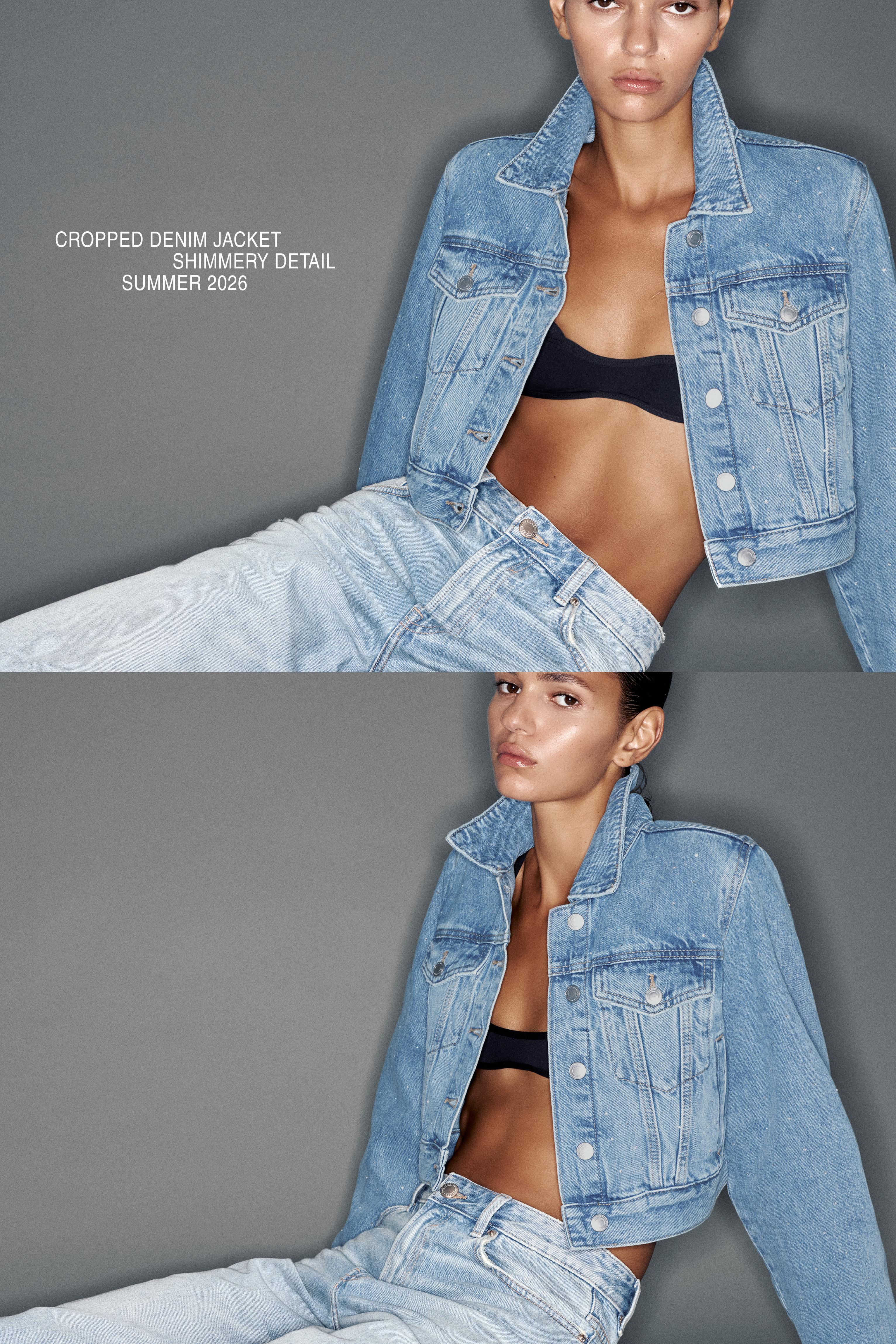 Cropped rhinestone denim jacket — Medium blue