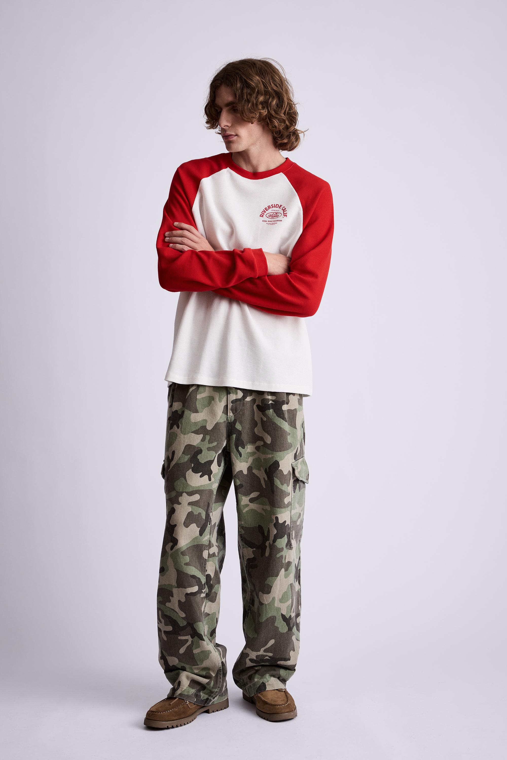 Waffle-knit raglan sleeve T-shirt — Red