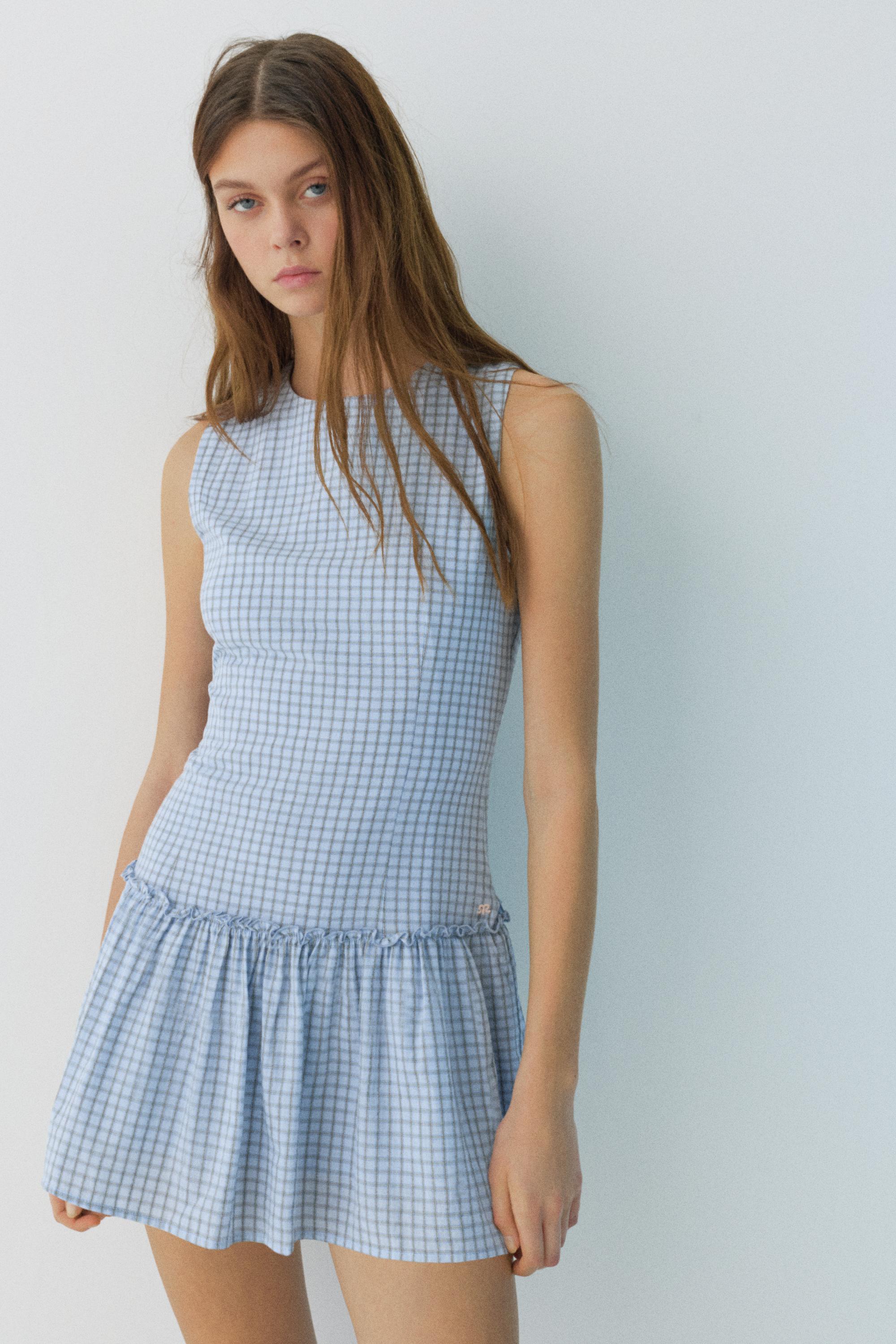 Kareli, hacimli etekli kısa elbise - Görsel 14