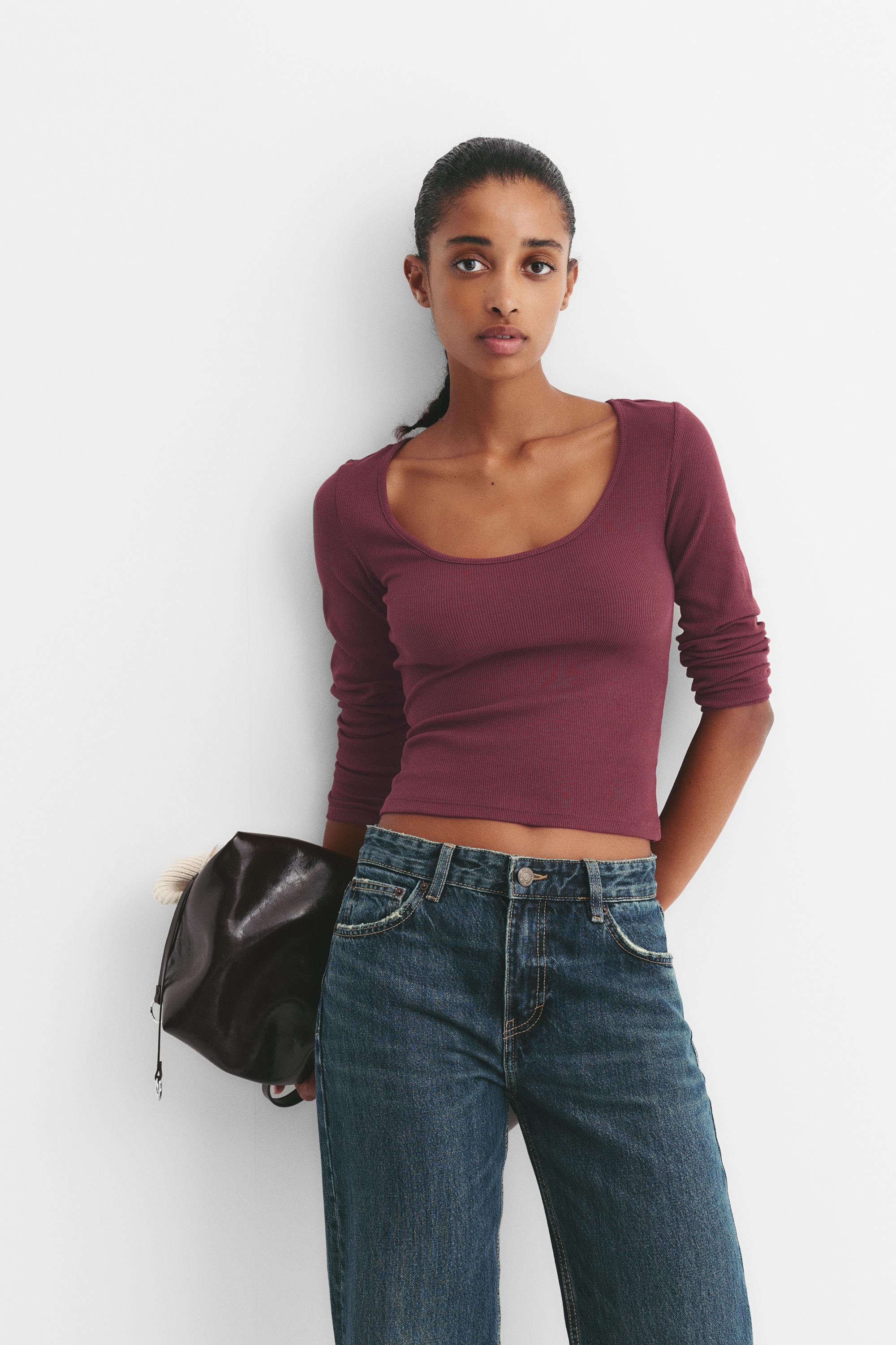 Ribbed round neck T-shirt — Burgundy