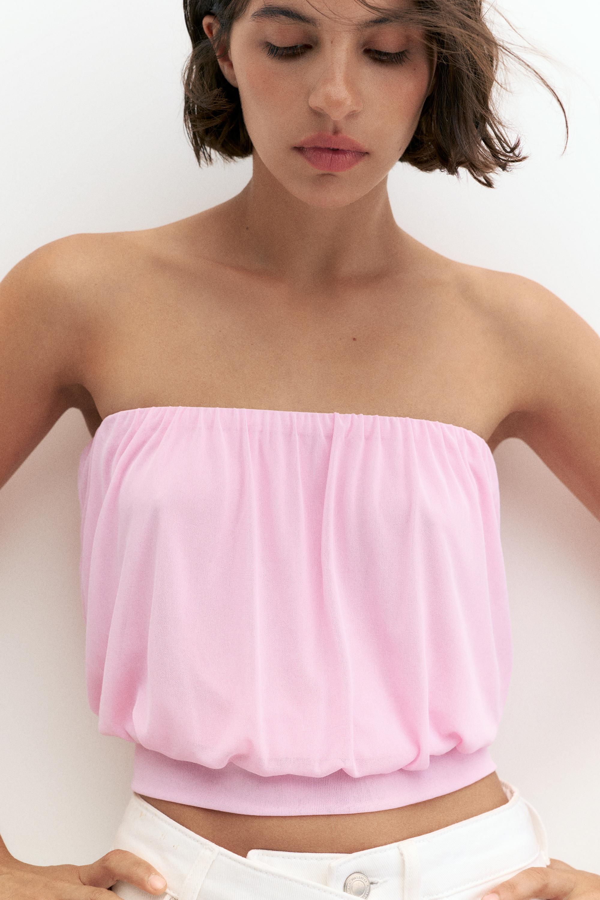 Strapless top with waistband — White/Pink