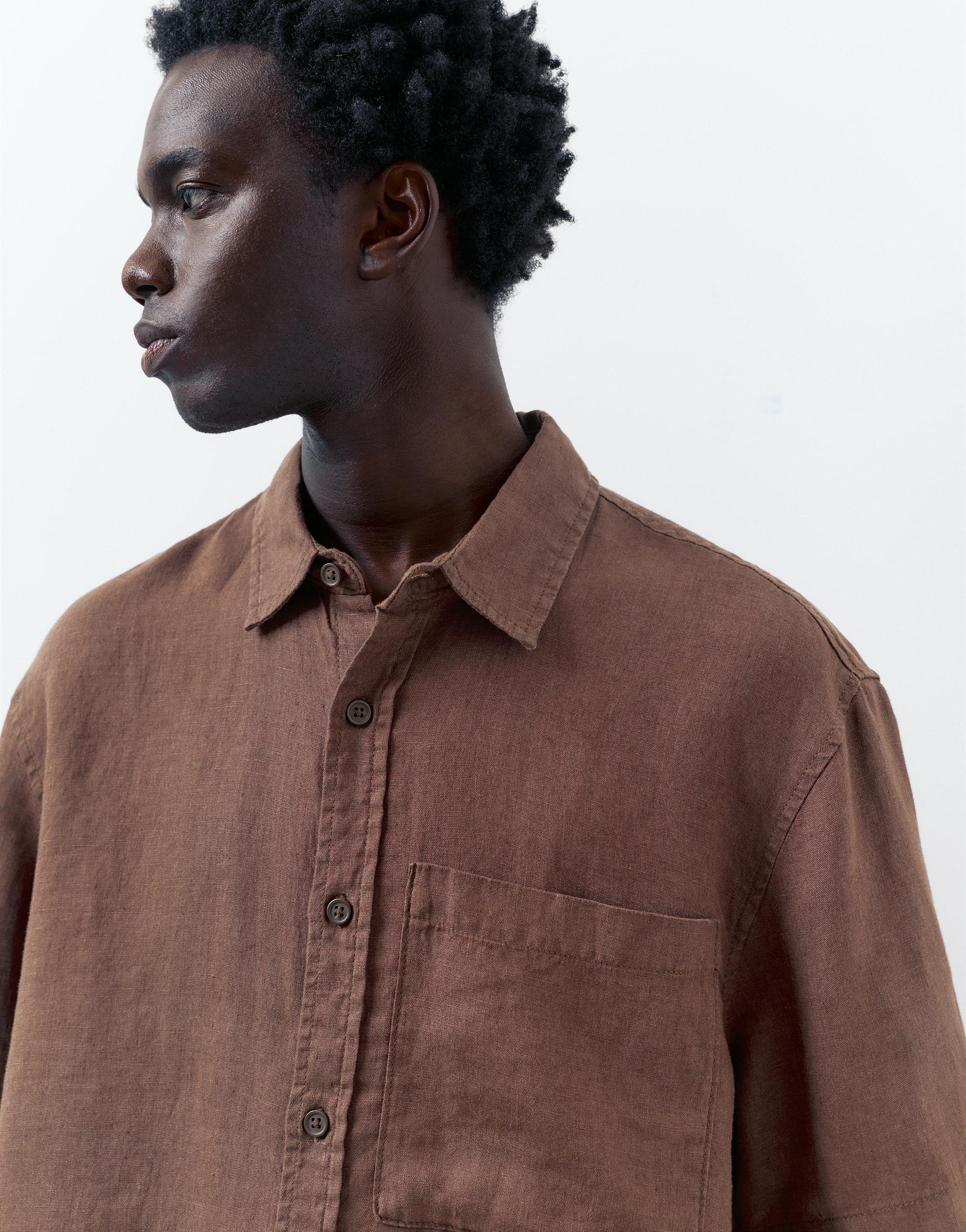 100% linen short sleeve shirt — Brown