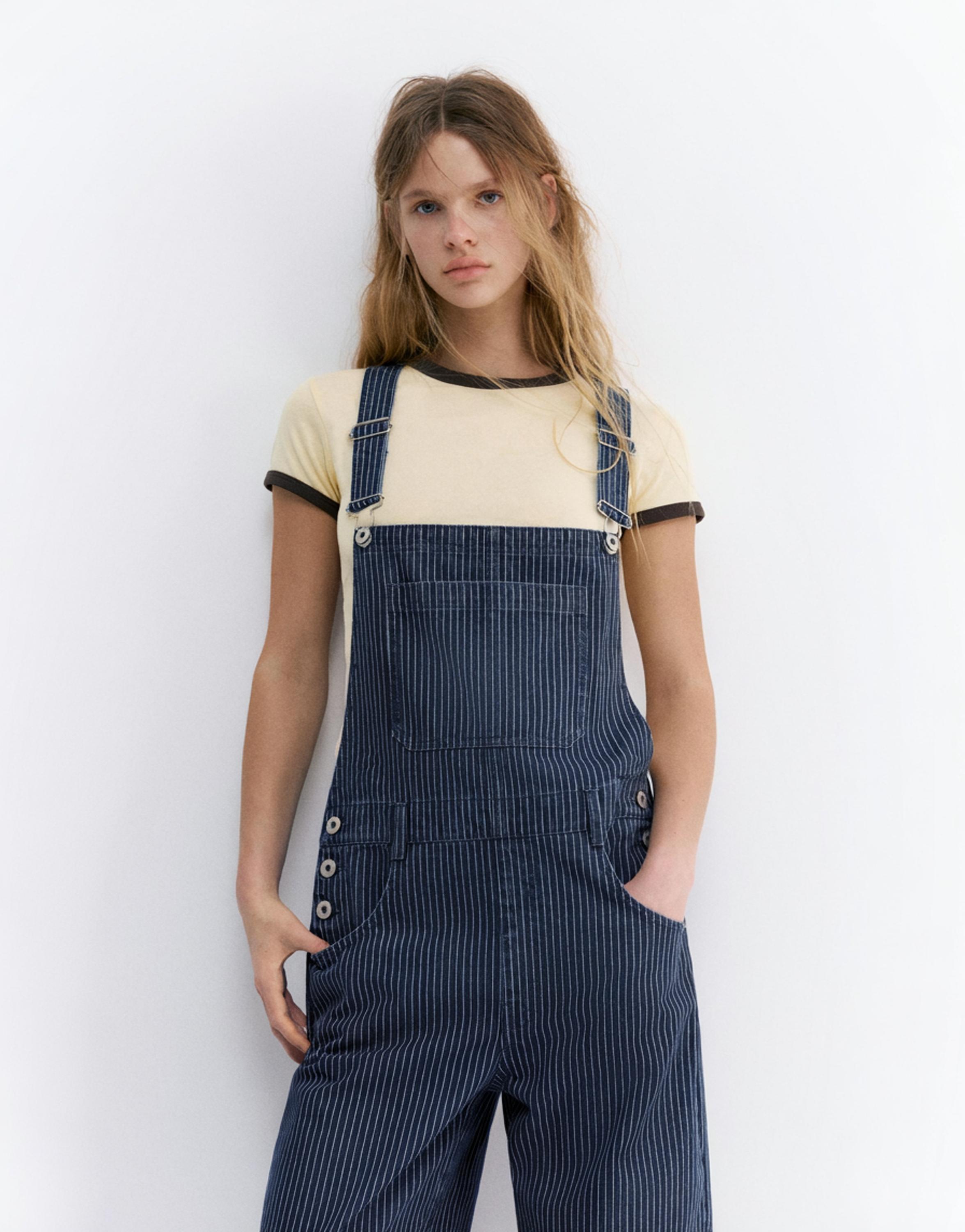 Çizgili uzun denim tulum - Görsel 8