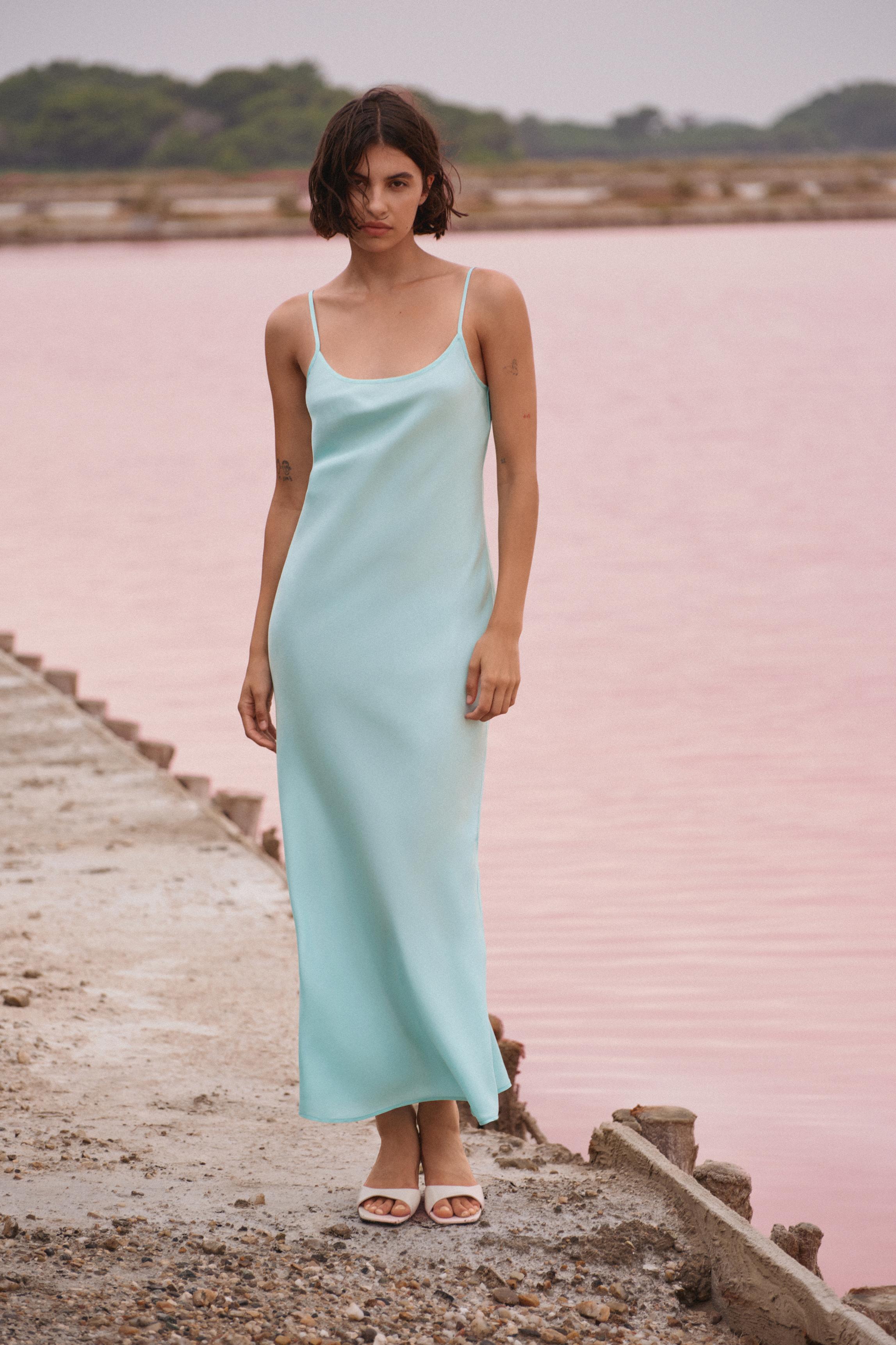 Satin midi dress — Pale turquoise