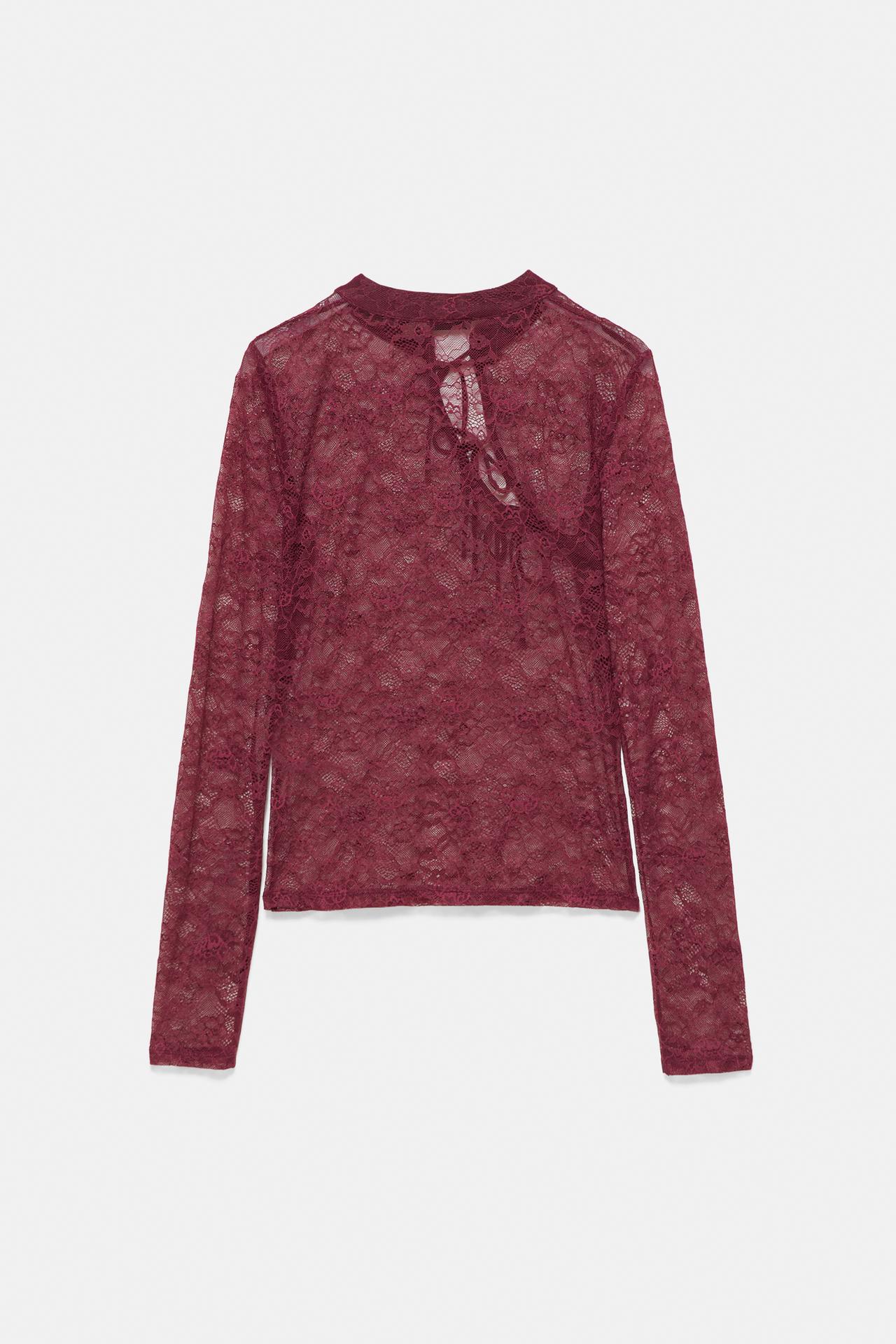 Lace stand collar top with fireman clasps — Burgundy