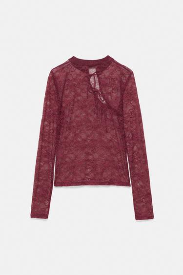 Lace stand collar top with fireman clasps — Burgundy 7