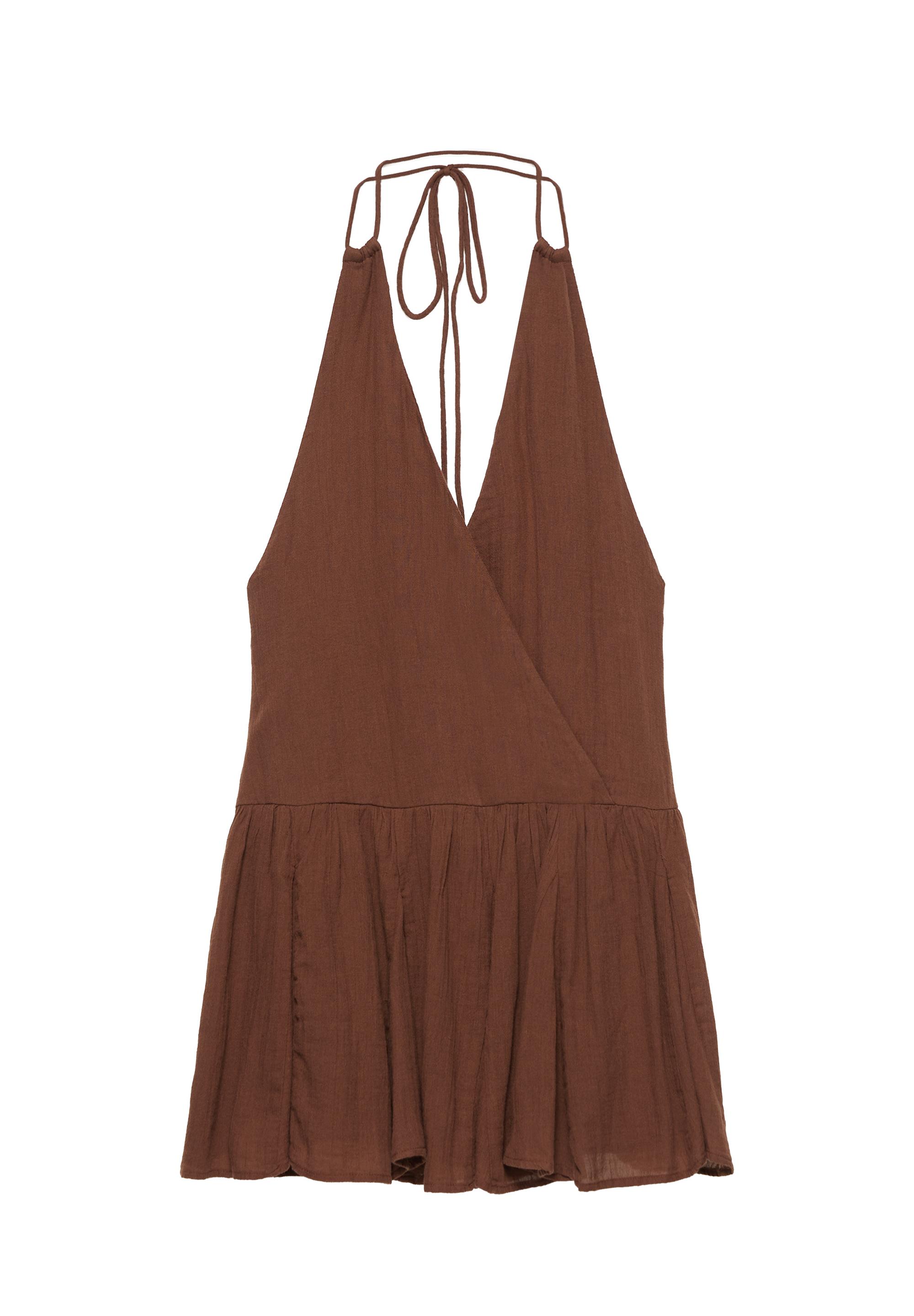 Surplice neckline short dress — Brown