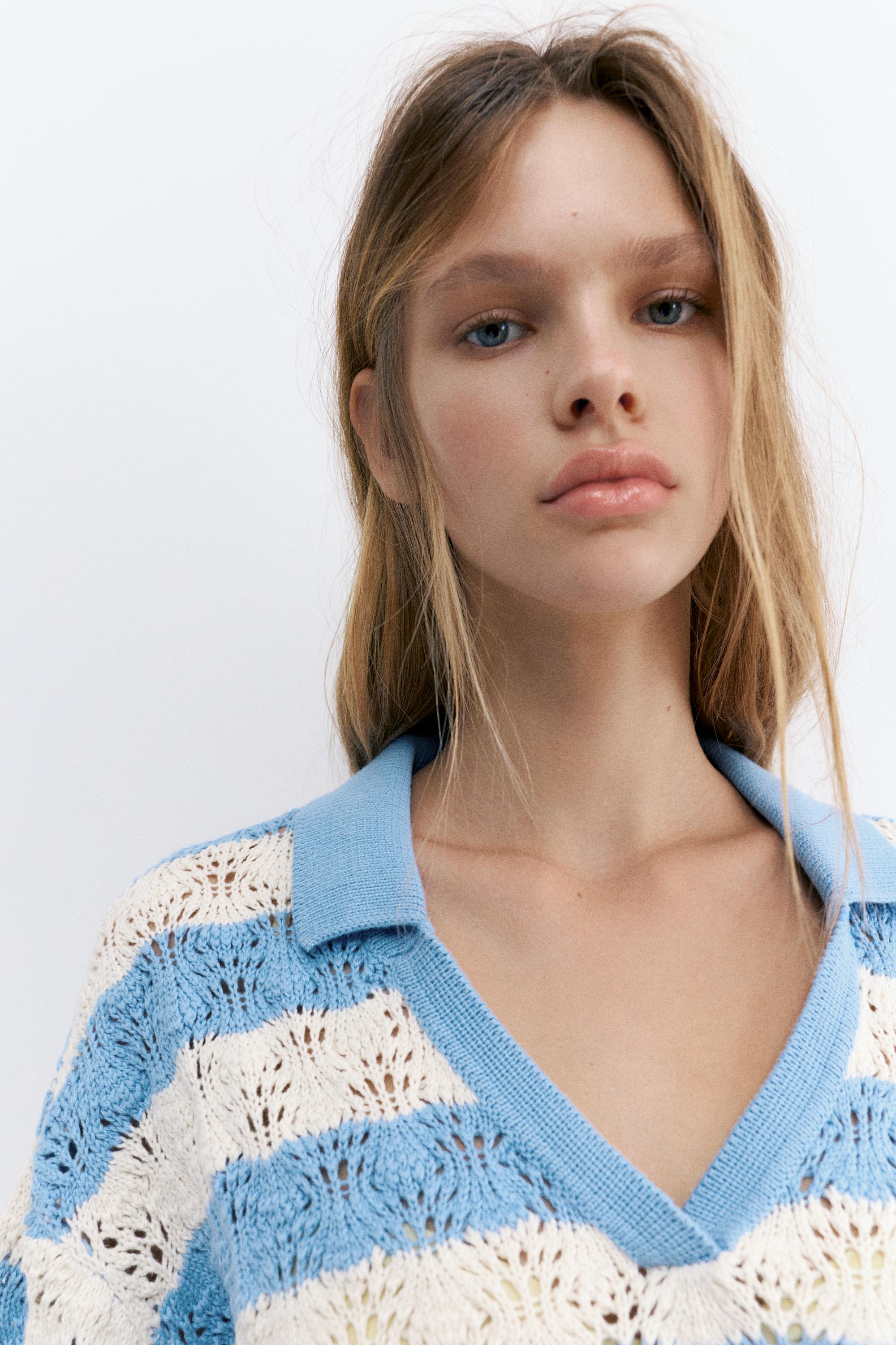 Kroşe çizgili polo tişört - Görsel 14