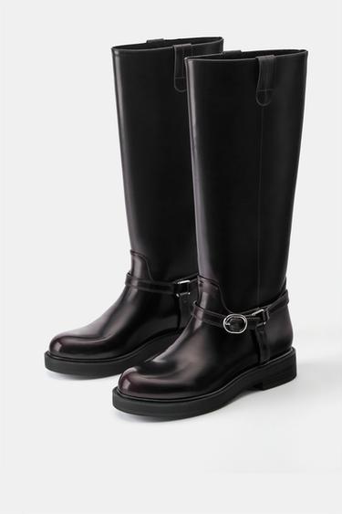 Flat buckle high boots — Burgundy 3