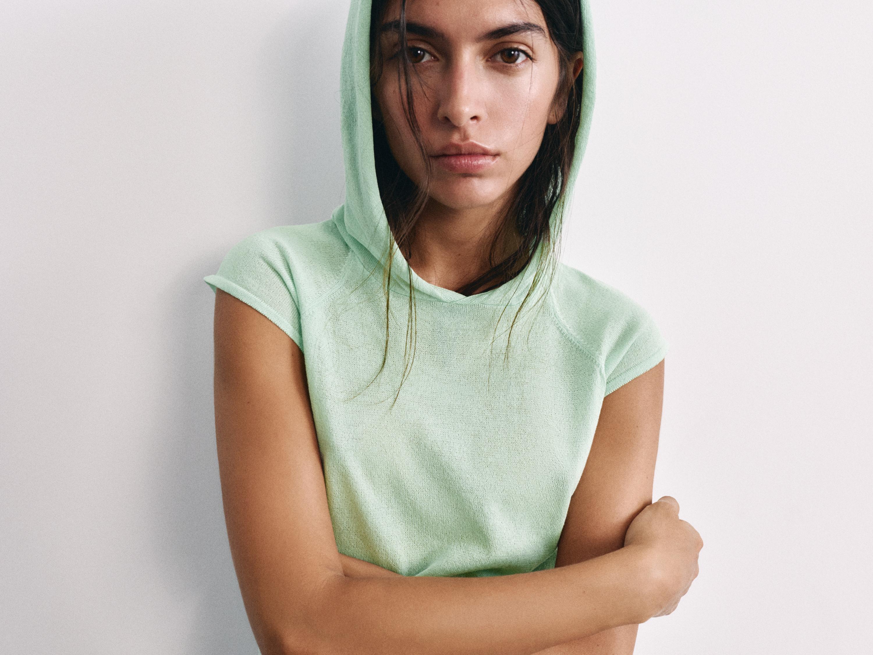Fine knit hooded T-shirt — Mint