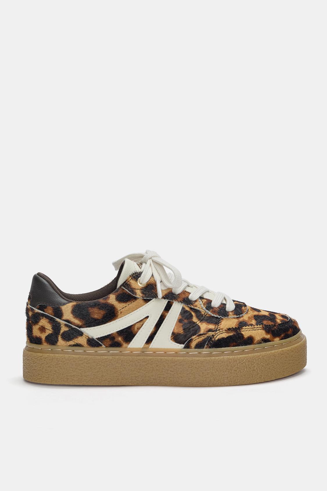 Leopard print chunky sole leather trainers - pull&bear