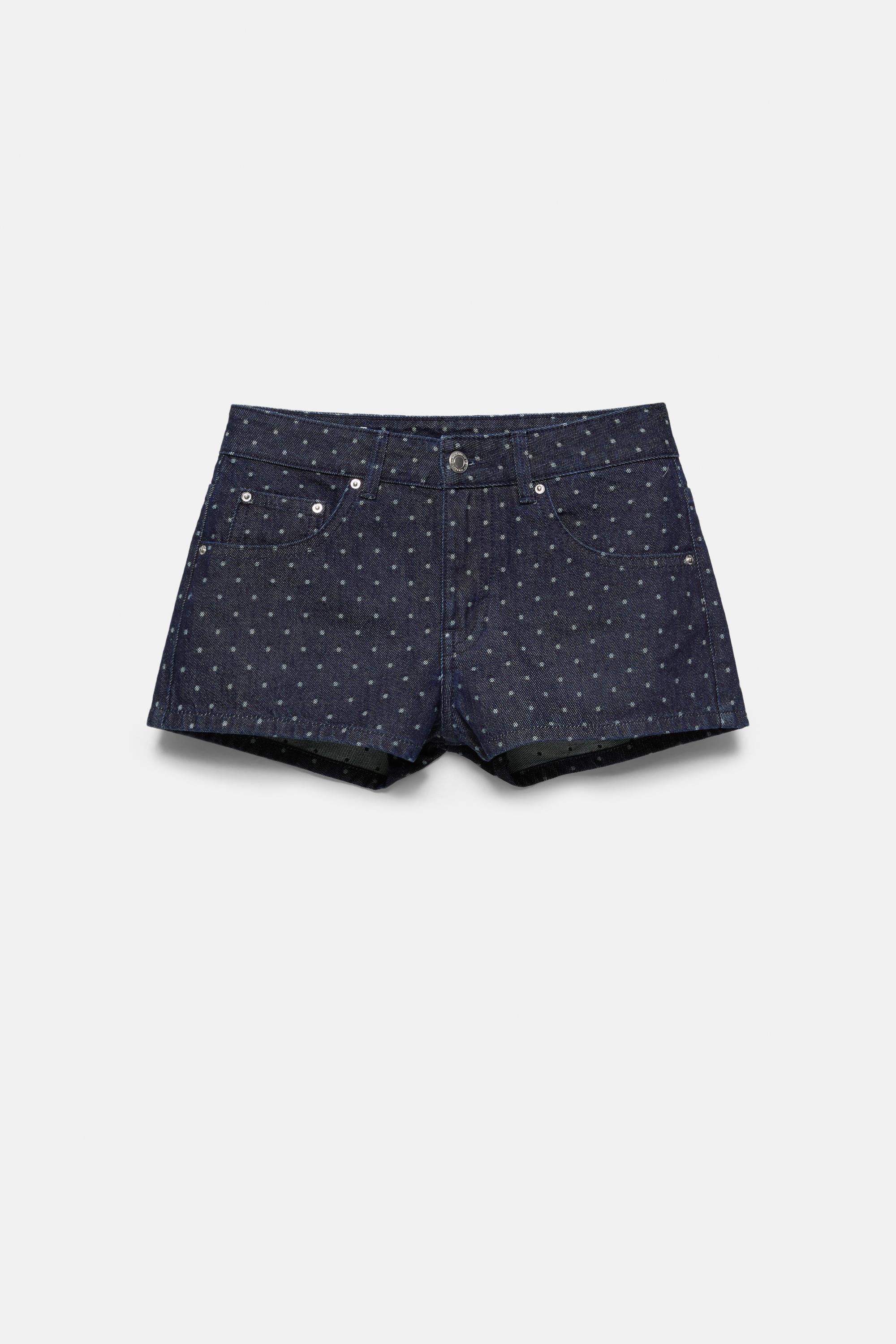 Polka dot denim mini shorts — Navy