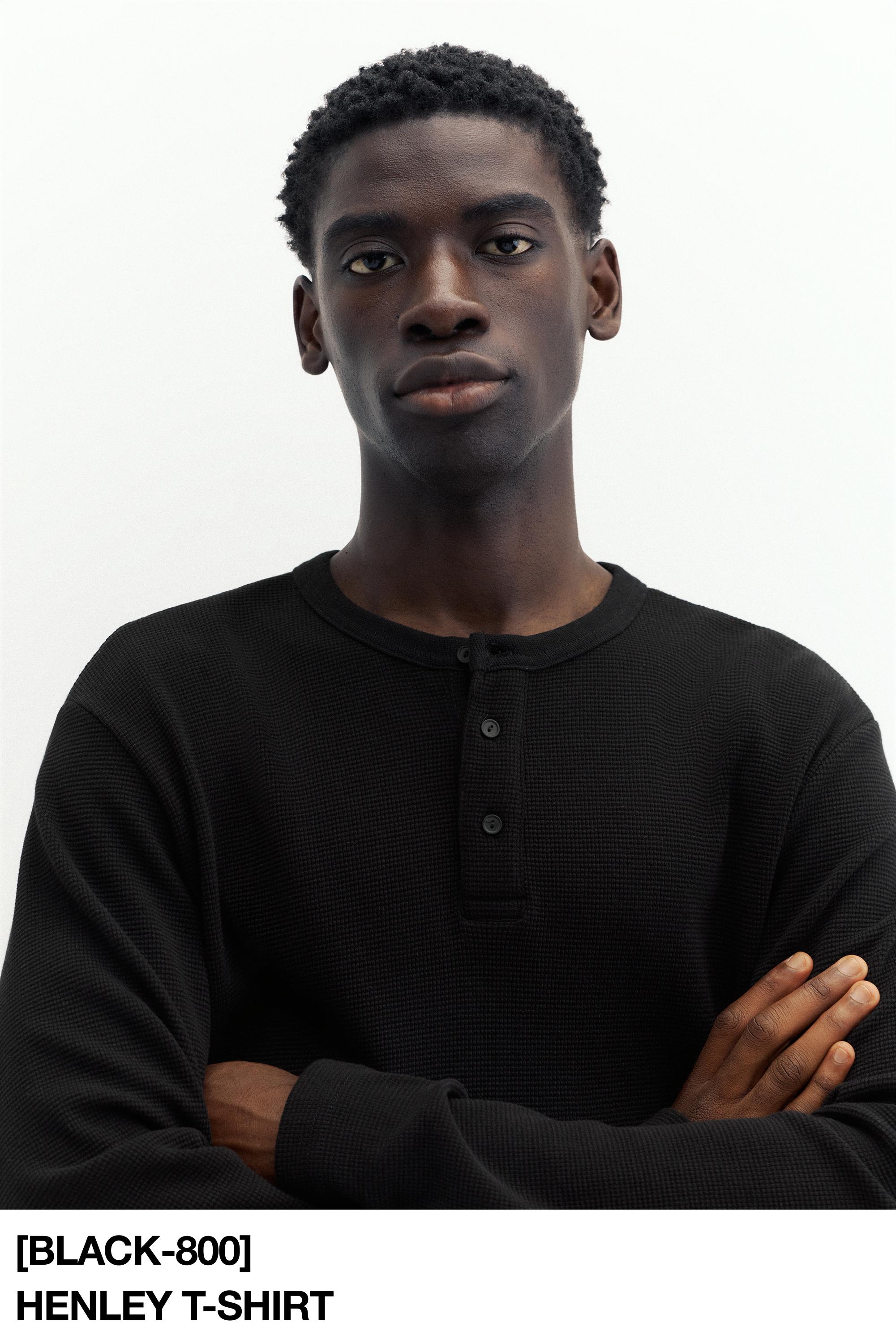 Waffle-knit long sleeve T-shirt — Black