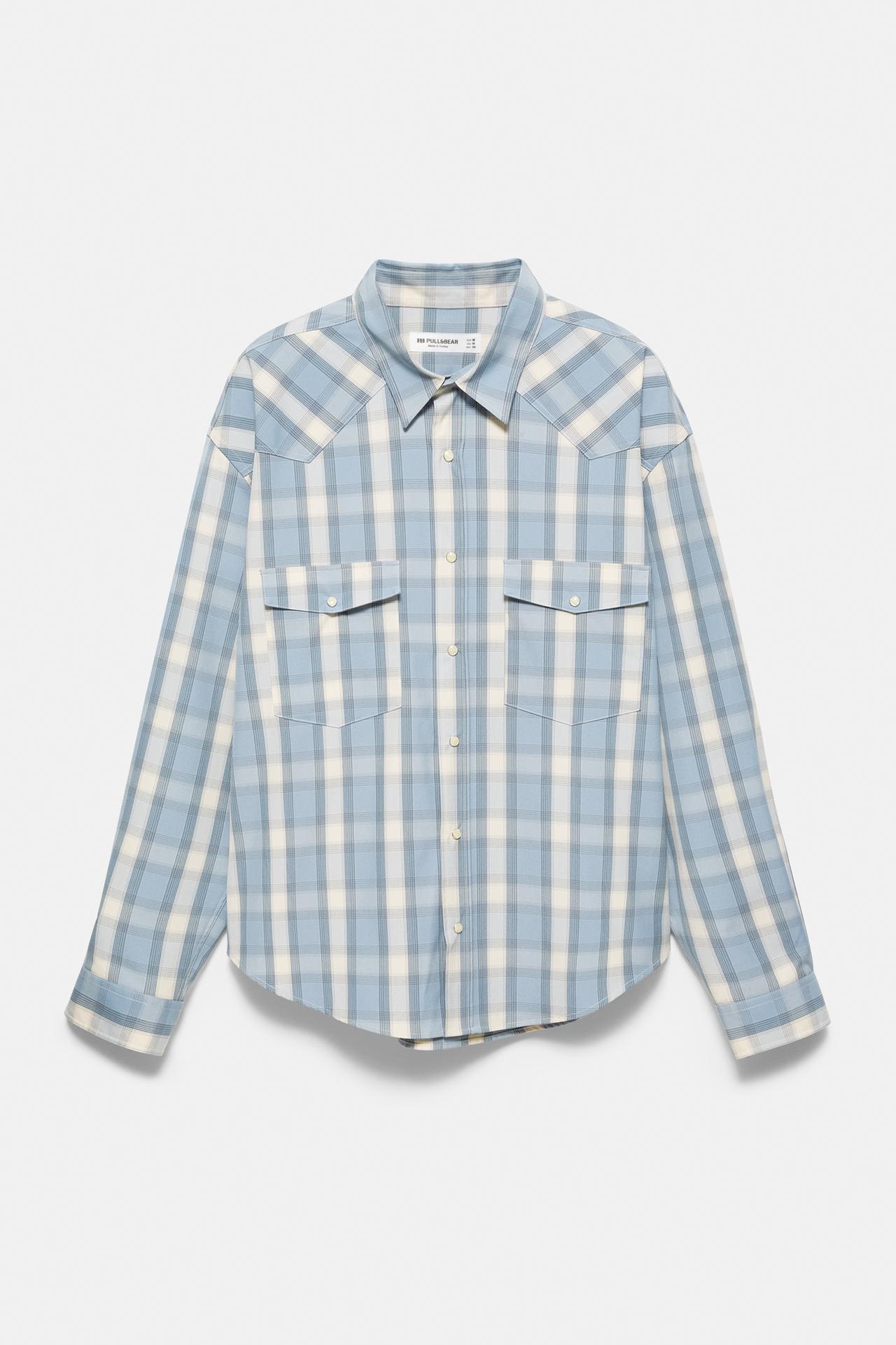 Long sleeve check shirt with pockets — Pale blue
