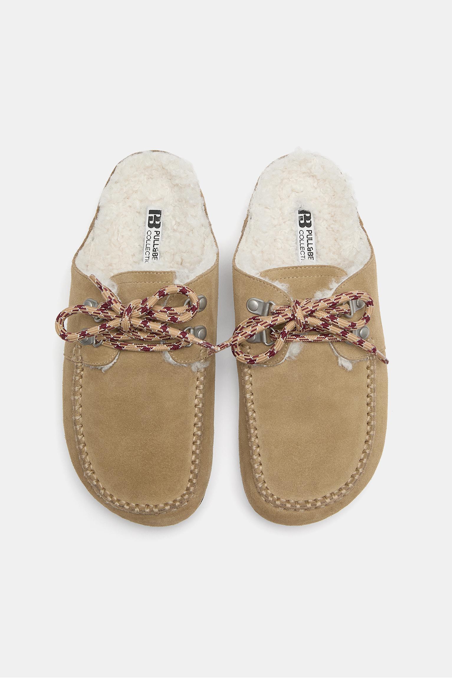 Faux shearling leather lace-up clogs — Sand