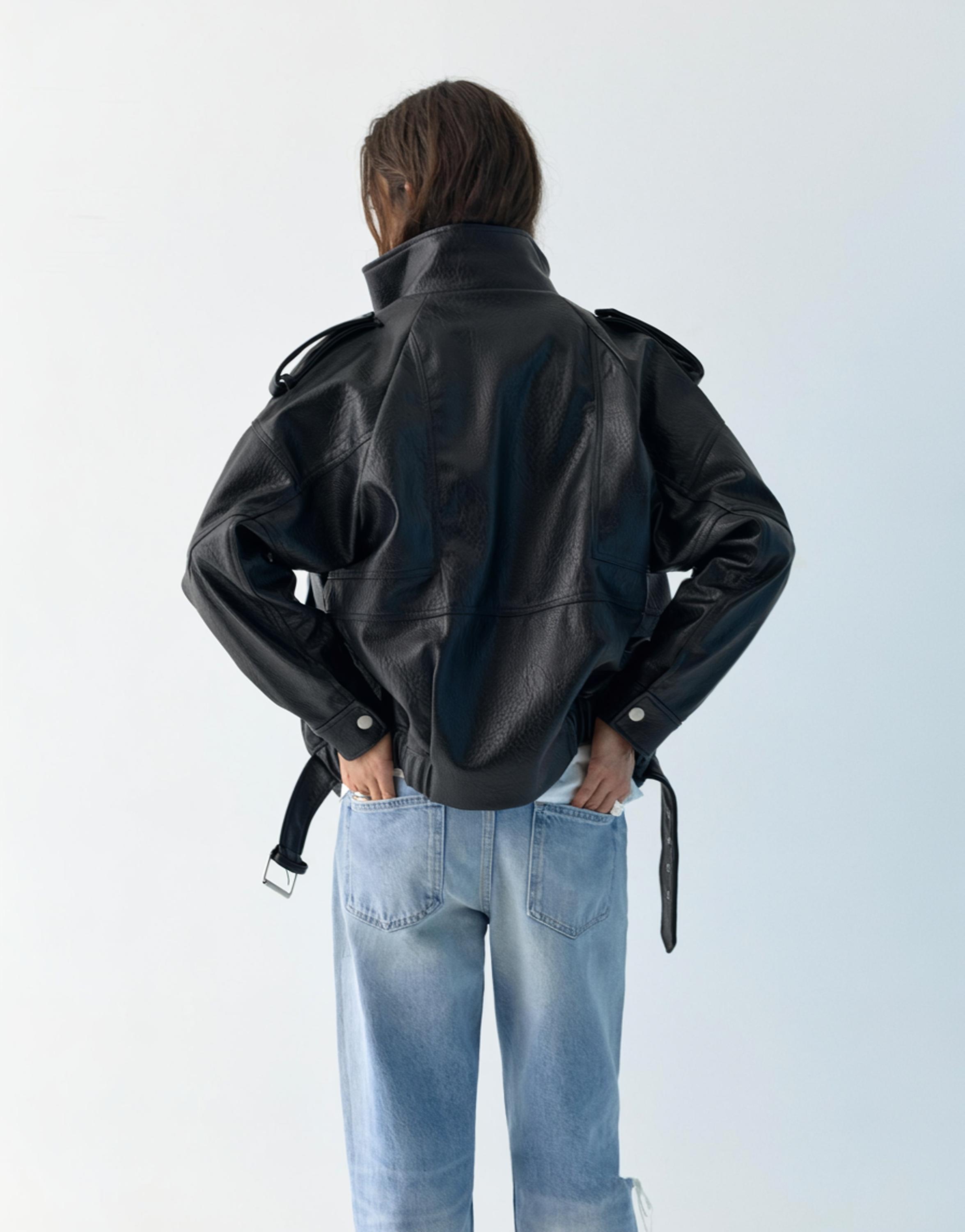 Dik yaka suni deri ceket - Görsel 8