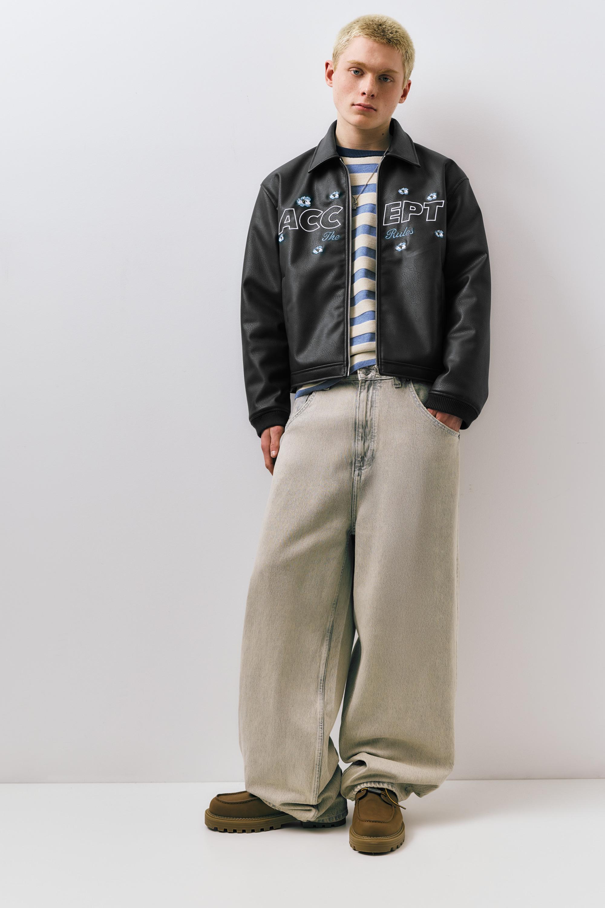 Faux leather jacket with flowers — Black