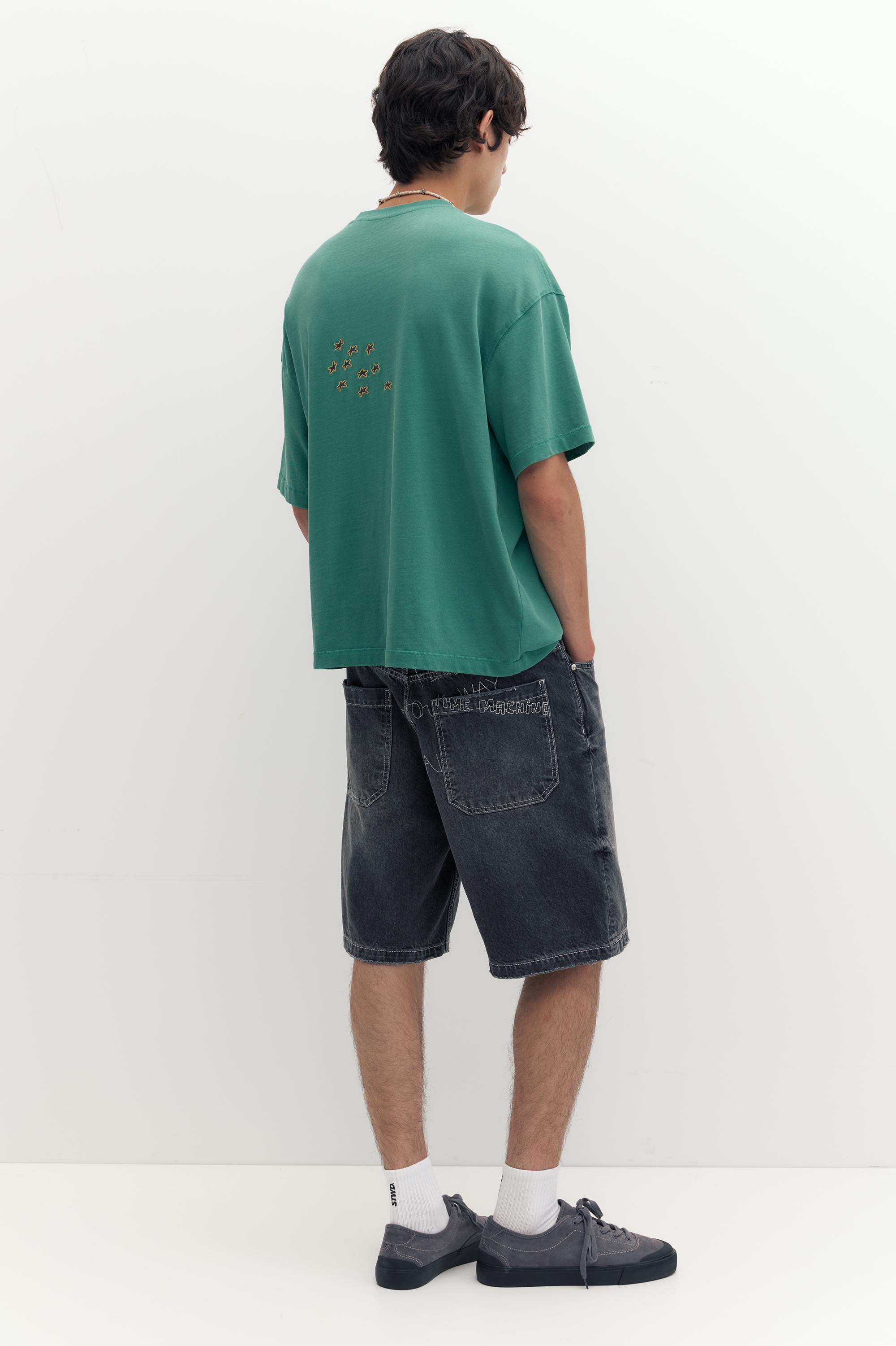 Embroidered baggy denim Bermuda shorts — Faded black