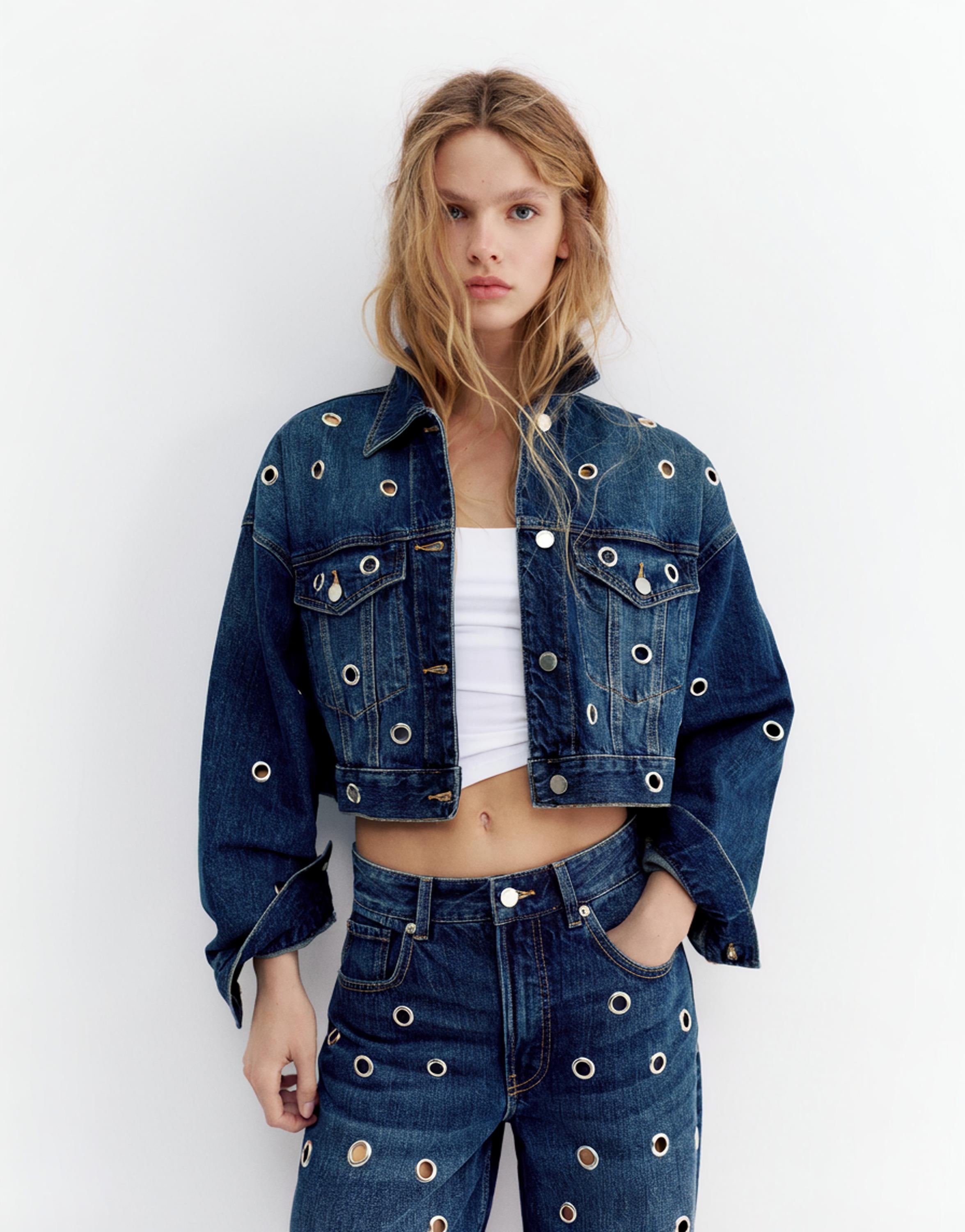 Delikli denim ceket - Görsel 7
