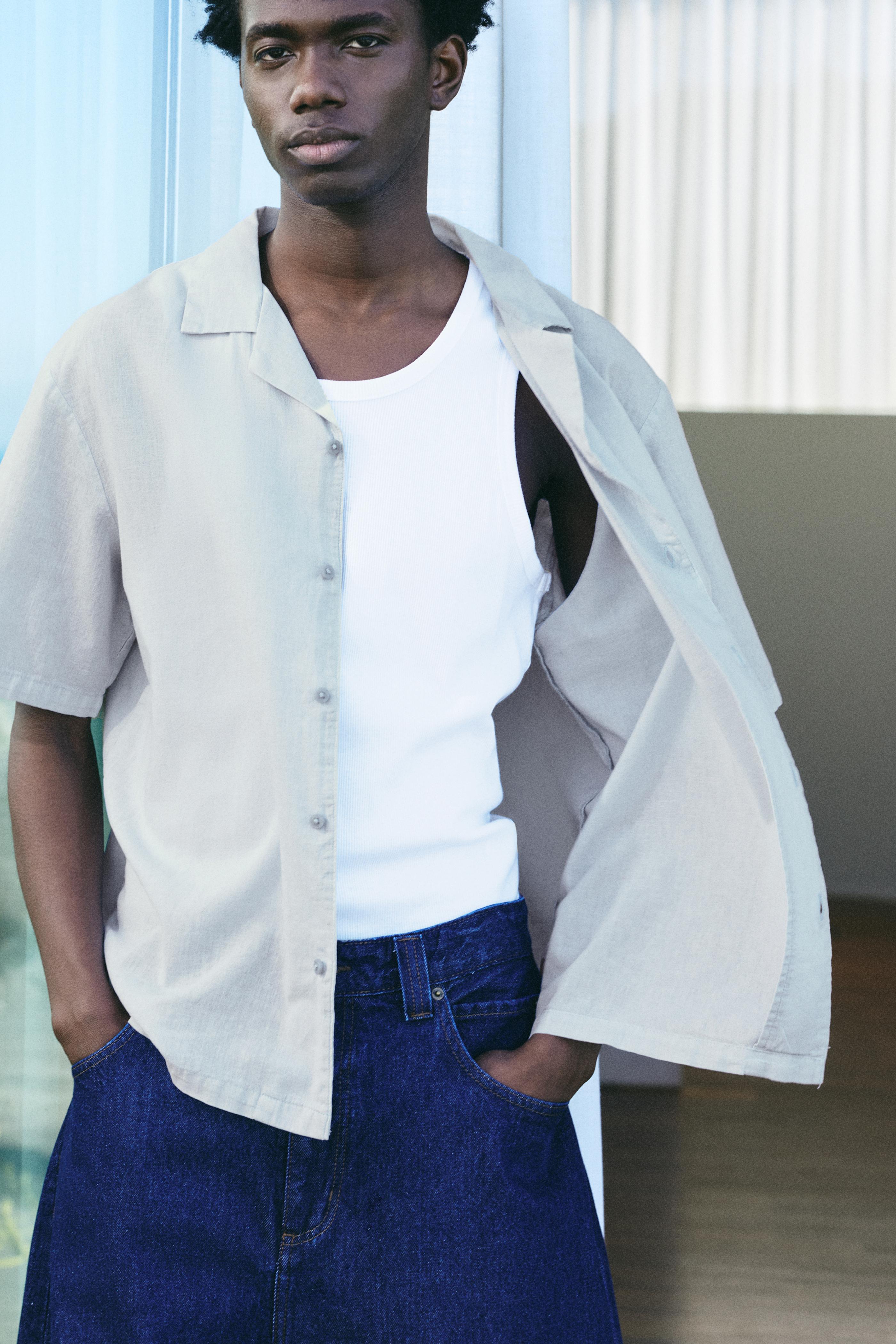 Short sleeve linen blend shirt — Pale blue