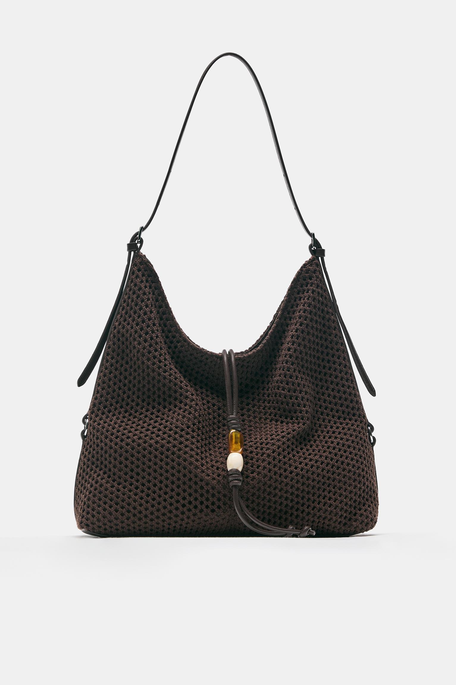 Embellished mesh tote bag — Brown